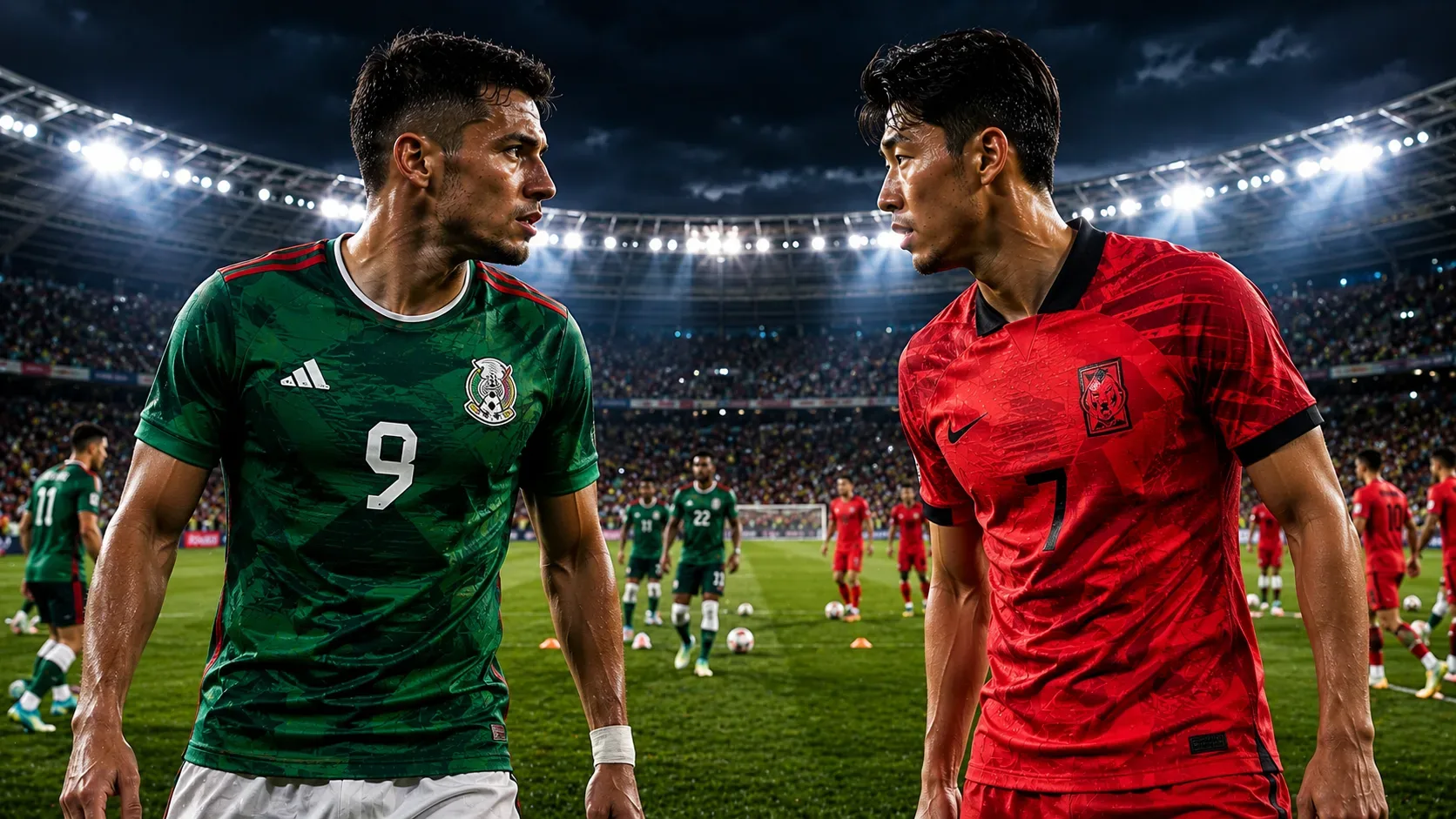 Jogadores do México e da Coreia do Sul se encaram em primeiro plano com expressões de concentração e rivalidade antes do início da partida, enquanto suas seleções realizam o aquecimento ao fundo em um estádio lotado sob forte iluminação dos refletores, cr