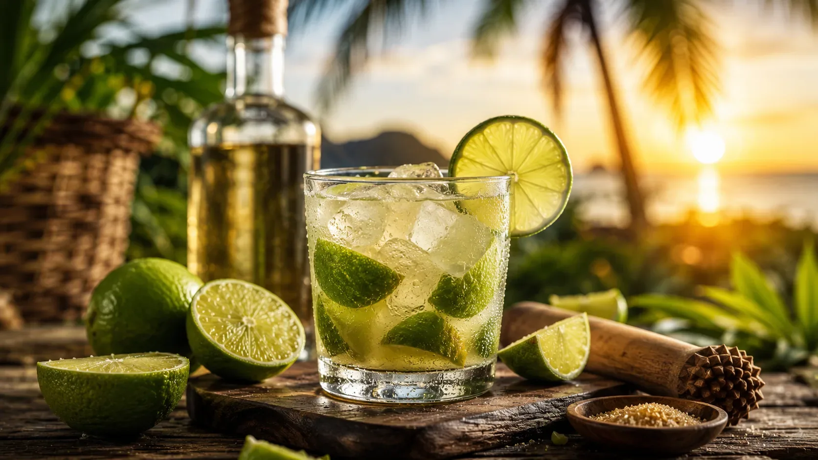 Caipirinha brasileira servida em um copo de vidro com gelo cristalino e pedaços de limão fresco, posicionada sobre uma mesa rústica de madeira. Ao redor, limões cortados, açúcar, um macerador artesanal e uma garrafa de cachaça desfocada compõem o cenário.
