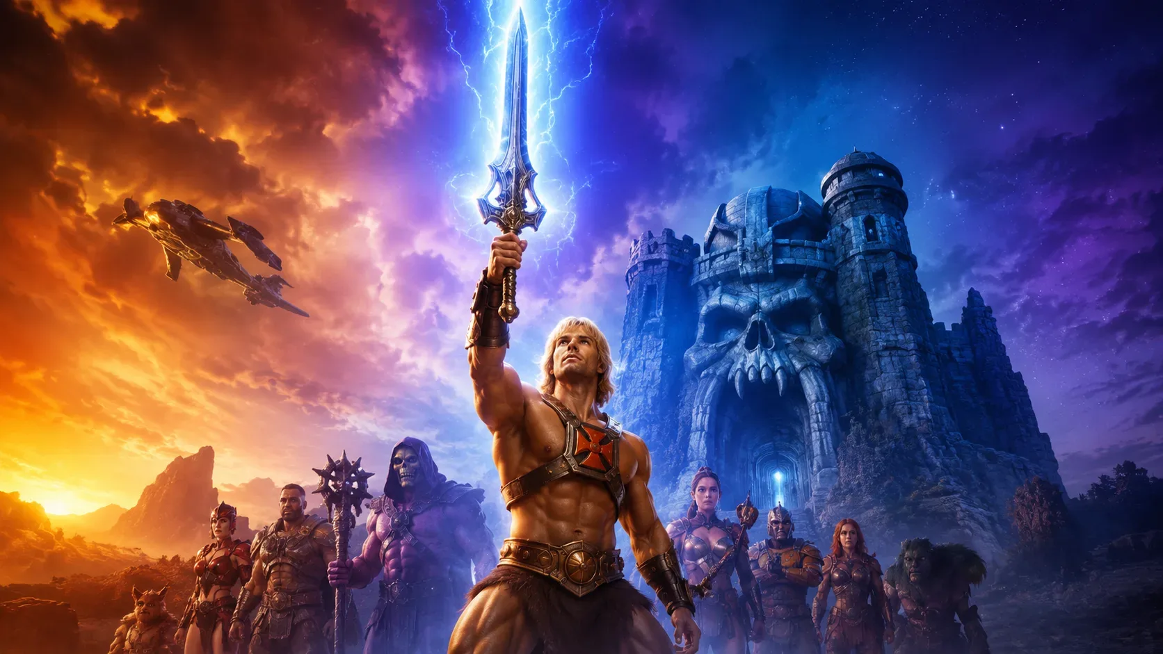 Guerreiro de fantasia ergue uma espada energética diante de um castelo sombrio em forma de caveira, cercado por aliados de Eternia sob um céu dividido entre luz dourada e tempestade azul em uma cena épica cinematográfica.