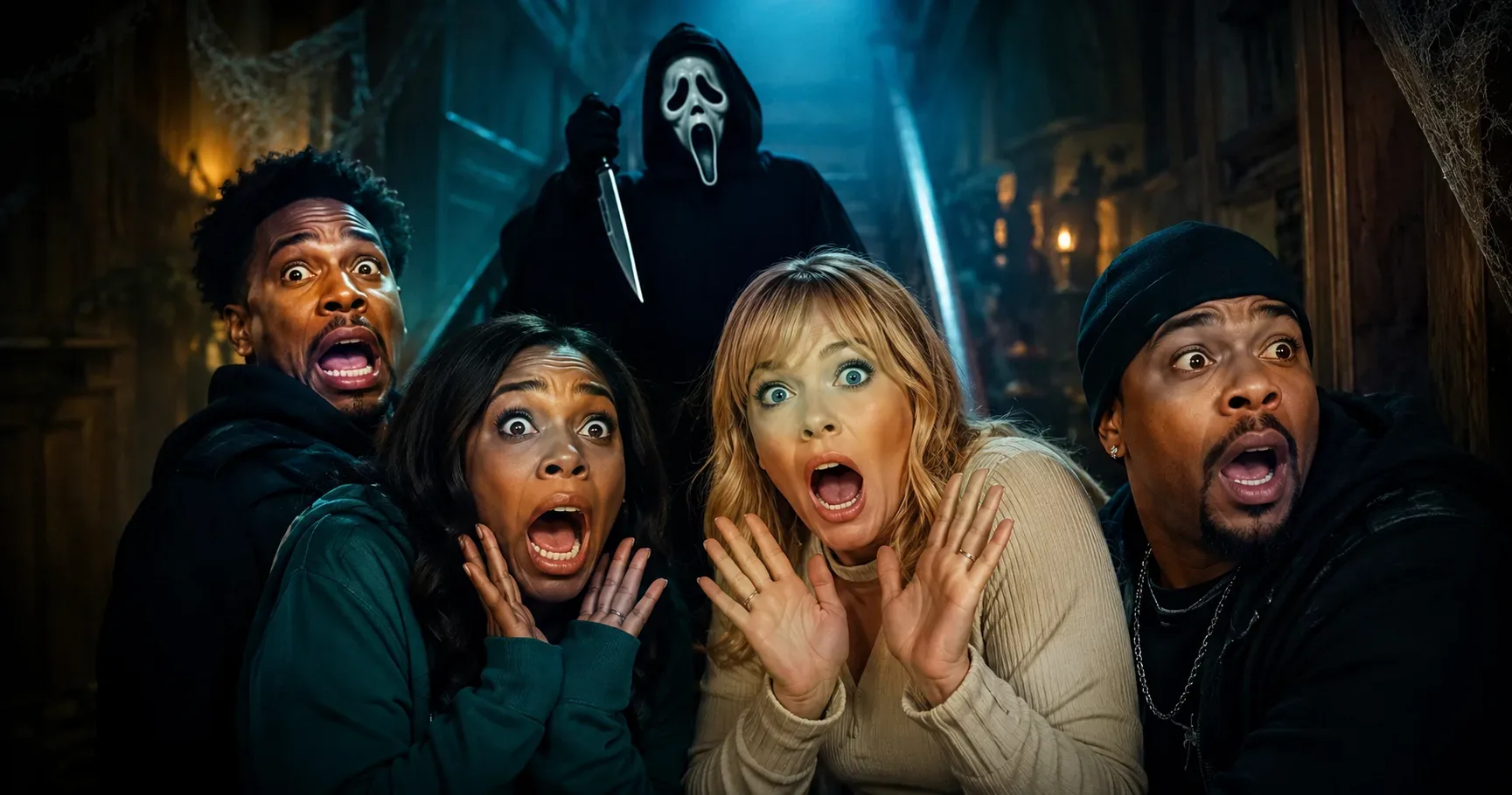 Quatro sobreviventes aterrorizados em uma casa sombria encaram um assassino mascarado ao fundo, em uma cena que mistura suspense e comédia com iluminação cinematográfica e atmosfera de filme de terror.