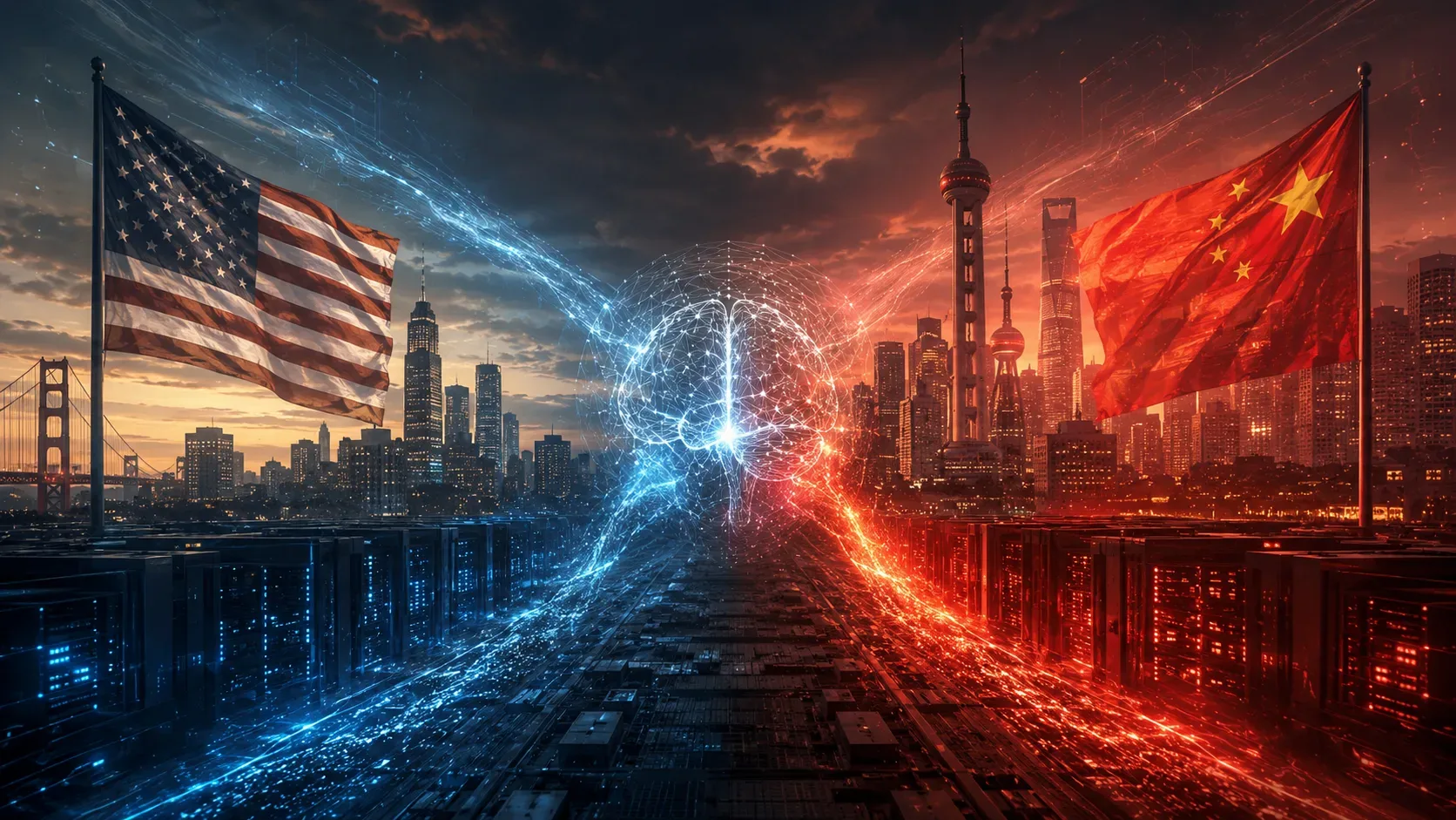 Representação da disputa tecnológica entre China e Estados Unidos na corrida da inteligência artificial, mostrando dois grandes centros tecnológicos divididos por uma rede neural digital brilhante. De um lado, servidores e uma cidade moderna sob tons azui