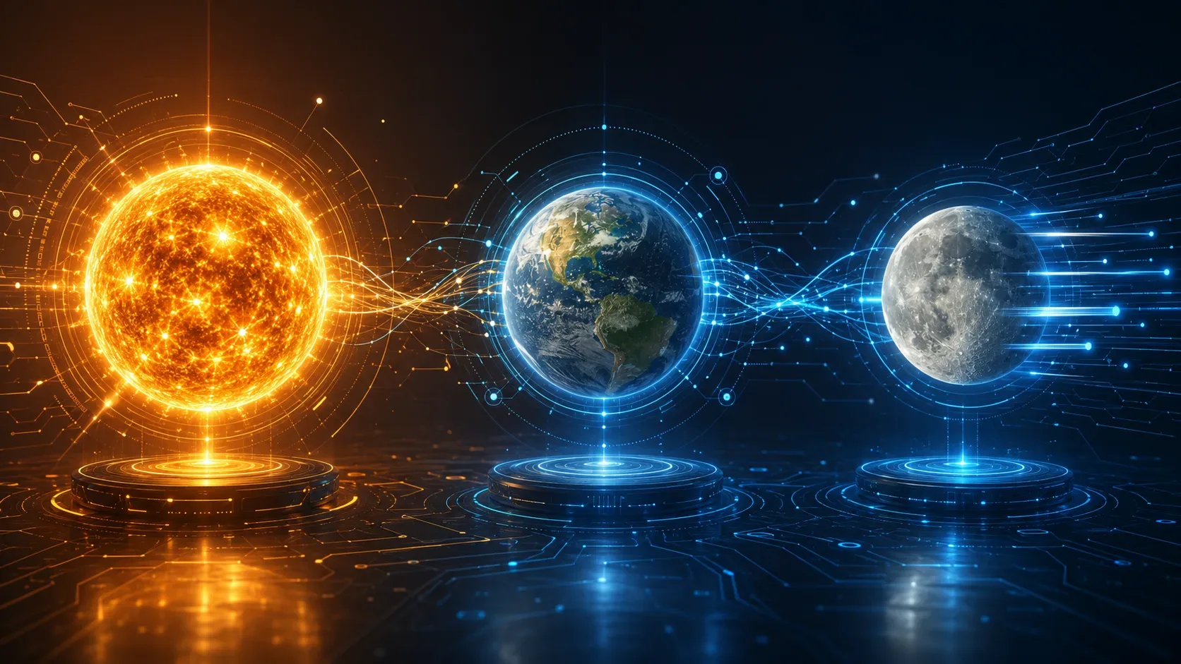 Três esferas digitais representam Sol, Terra e Lua, conectadas por circuitos luminosos em um ambiente futurista de inteligência artificial.
