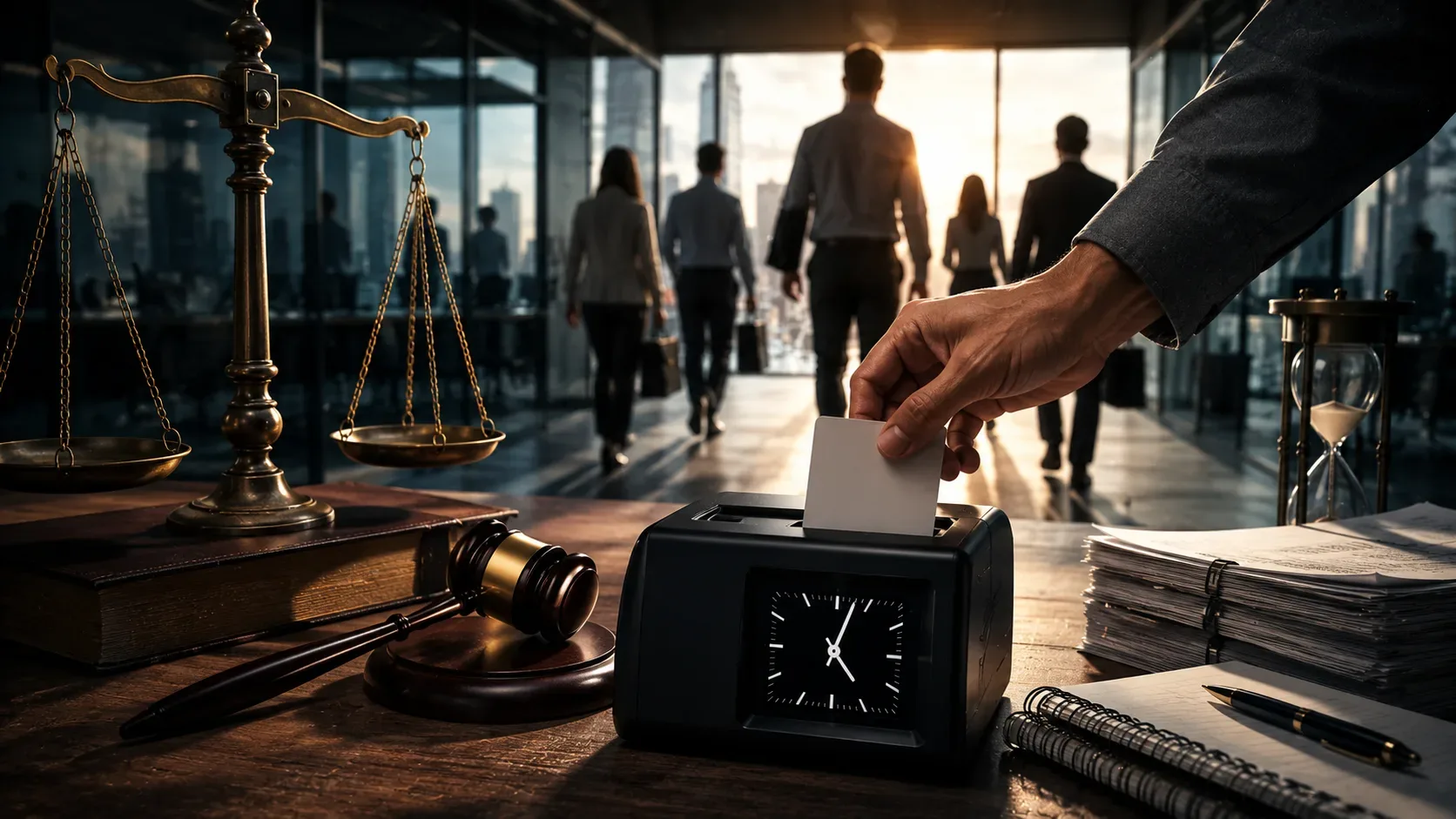 Cena corporativa representando o debate sobre jornada de trabalho, com um relógio de ponto sendo utilizado em primeiro plano ao lado de uma balança da justiça, martelo judicial e documentos trabalhistas. Ao fundo, funcionários deixam um escritório moderno