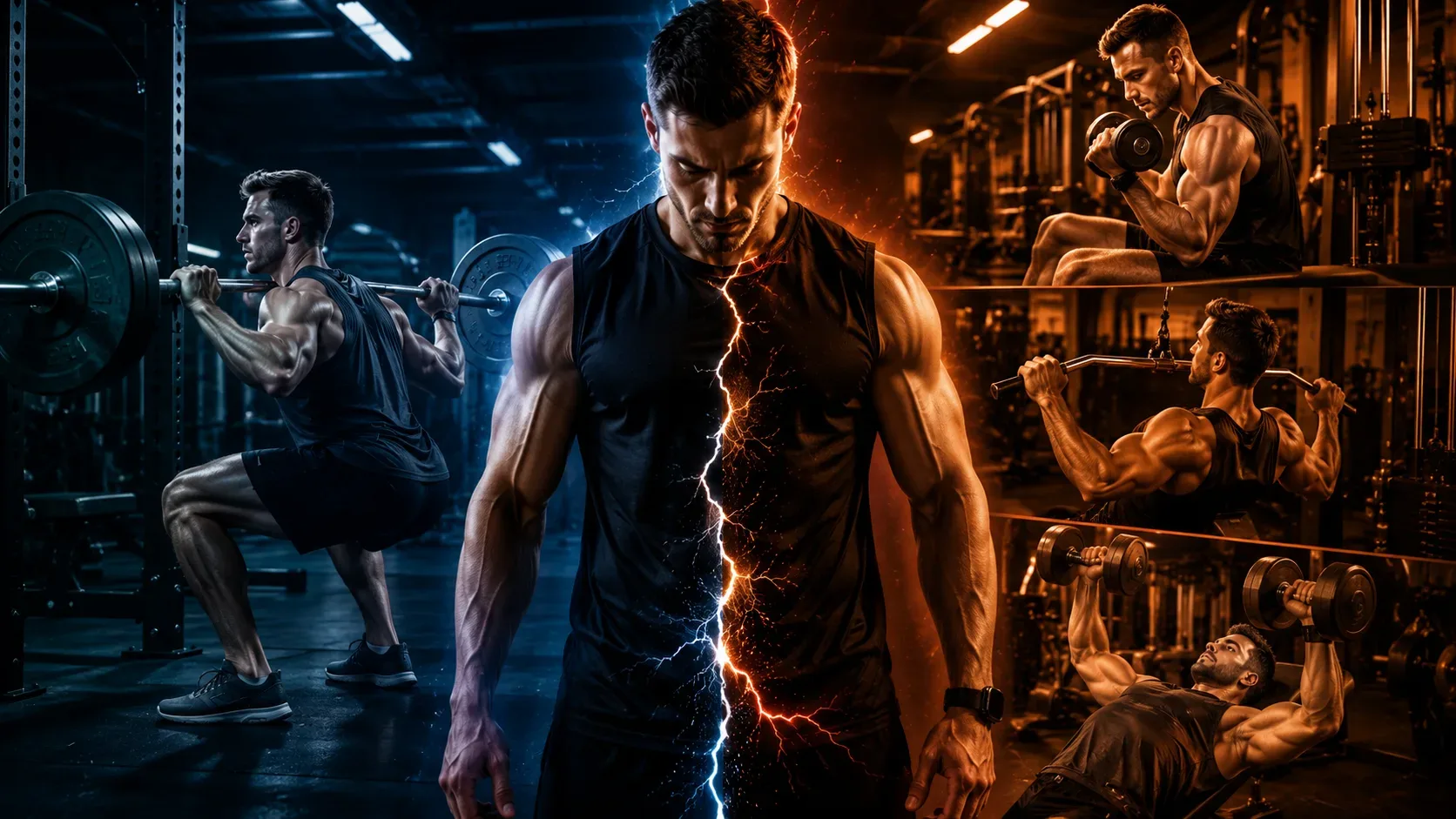 Atleta em uma academia moderna dividido entre dois estilos de treinamento, com um lado mostrando um exercício composto de agachamento representando o treino Full Body e o outro lado exibindo exercícios isolados de musculação simbolizando a divisão ABC. A