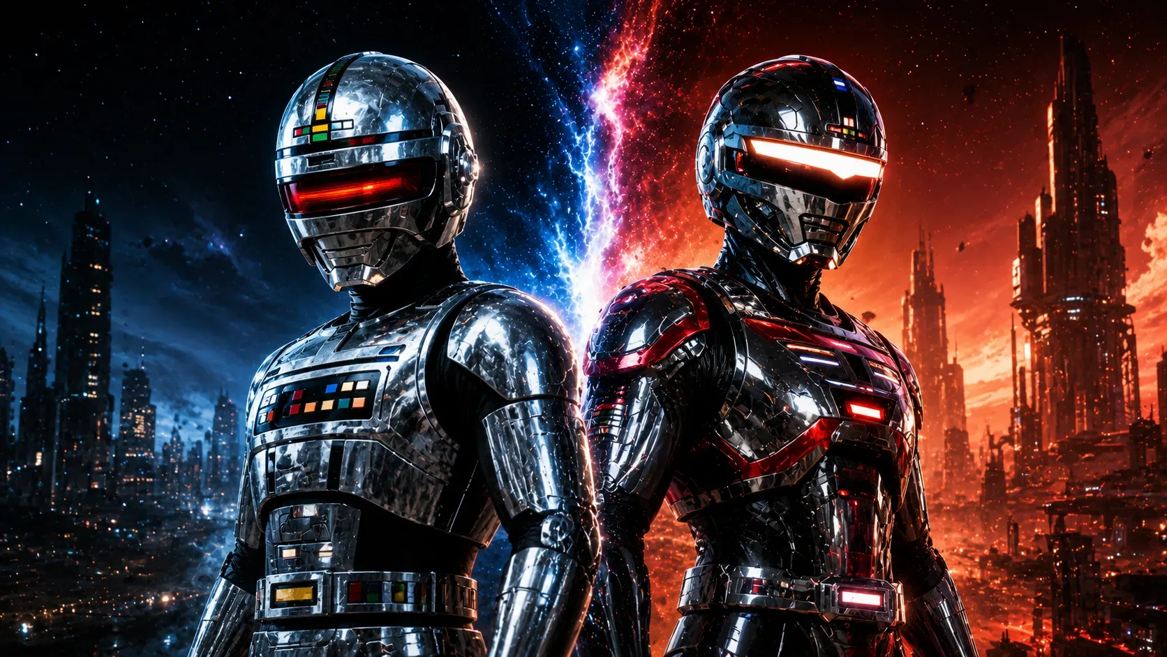 Dois heróis espaciais com armaduras metálicas futuristas aparecem lado a lado em uma composição dividida entre passado e futuro. À esquerda, uma armadura prateada com visual clássico surge diante de uma cidade iluminada por tons azuis e atmosfera nostálgi