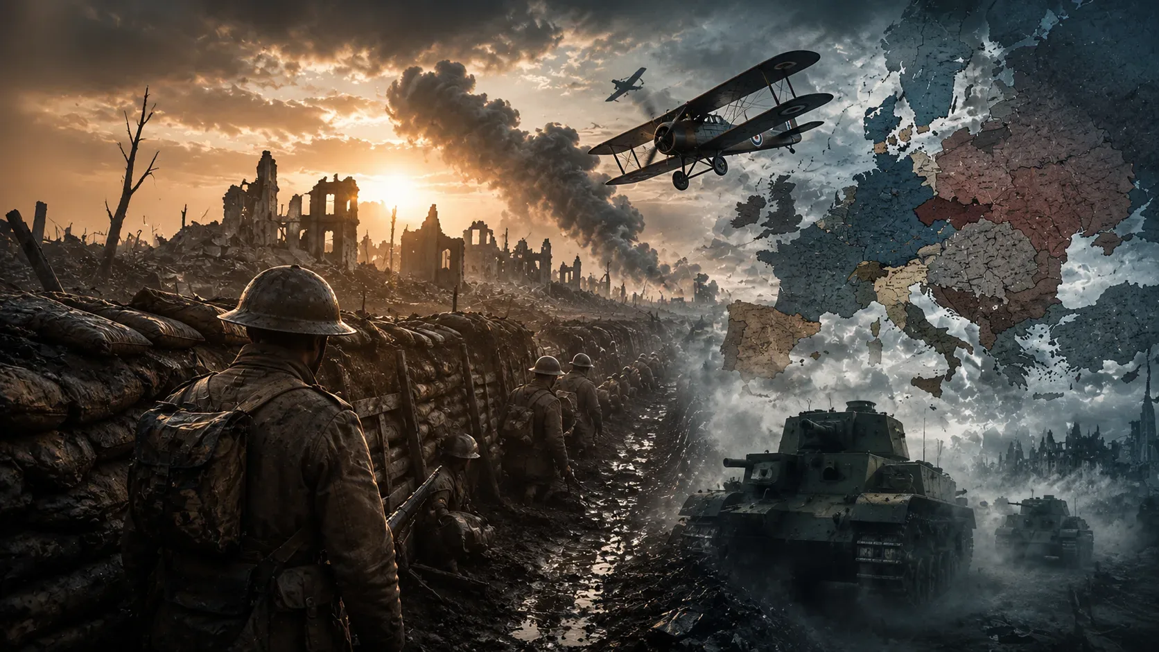 Soldados da Primeira Guerra Mundial avançam por trincheiras enlameadas em meio a um cenário de destruição, com ruínas de cidades, fumaça e um céu dramático ao entardecer. Ao fundo, aviões militares sobrevoam o campo de batalha enquanto tanques e um mapa f