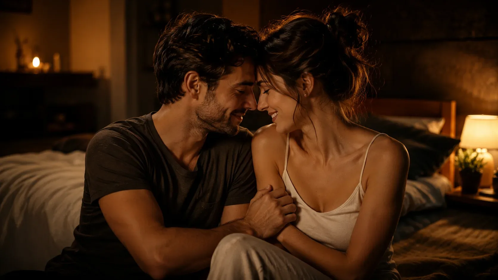 Casal sentado próximo à cama em um ambiente aconchegante durante a noite, trocando olhares e sorrisos com expressão de carinho e conexão emocional, sob iluminação quente e cinematográfica, simbolizando intimidade, amor e cumplicidade em um relacionamento
