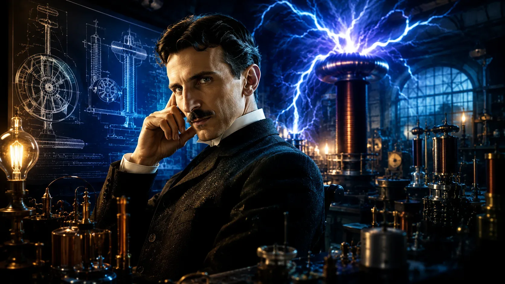 Retrato de Nikola Tesla em seu laboratório histórico, sentado diante de equipamentos científicos e máquinas elétricas, enquanto uma grande bobina de Tesla ao fundo emite intensas descargas de energia azul. O ambiente é iluminado por lâmpadas antigas, esqu