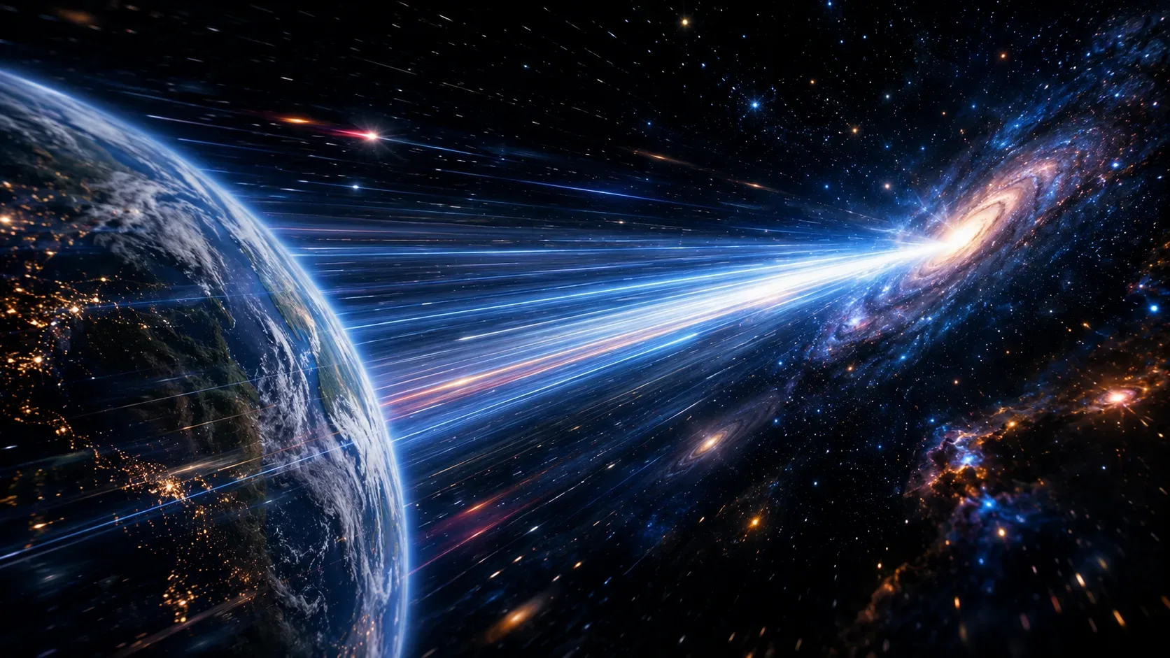 Feixe intenso de luz atravessando o espaço profundo em altíssima velocidade, partindo da região próxima à Terra em direção a uma galáxia brilhante ao fundo. O cenário apresenta estrelas, nebulosas coloridas e a imensidão do cosmos com iluminação cinematog