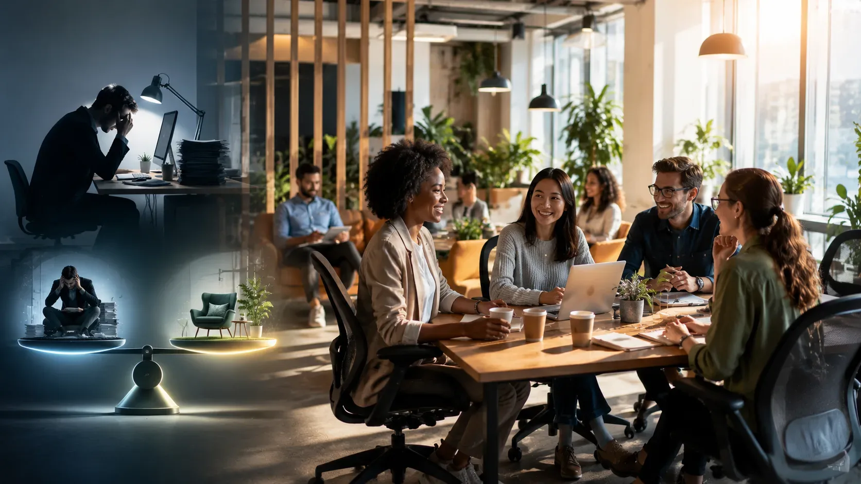 Ambiente corporativo dividido entre dois cenários contrastantes: de um lado, um funcionário trabalha sozinho em um espaço escuro e sobrecarregado, com pilhas de documentos e expressão de estresse; do outro, uma equipe trabalha em um escritório moderno, il