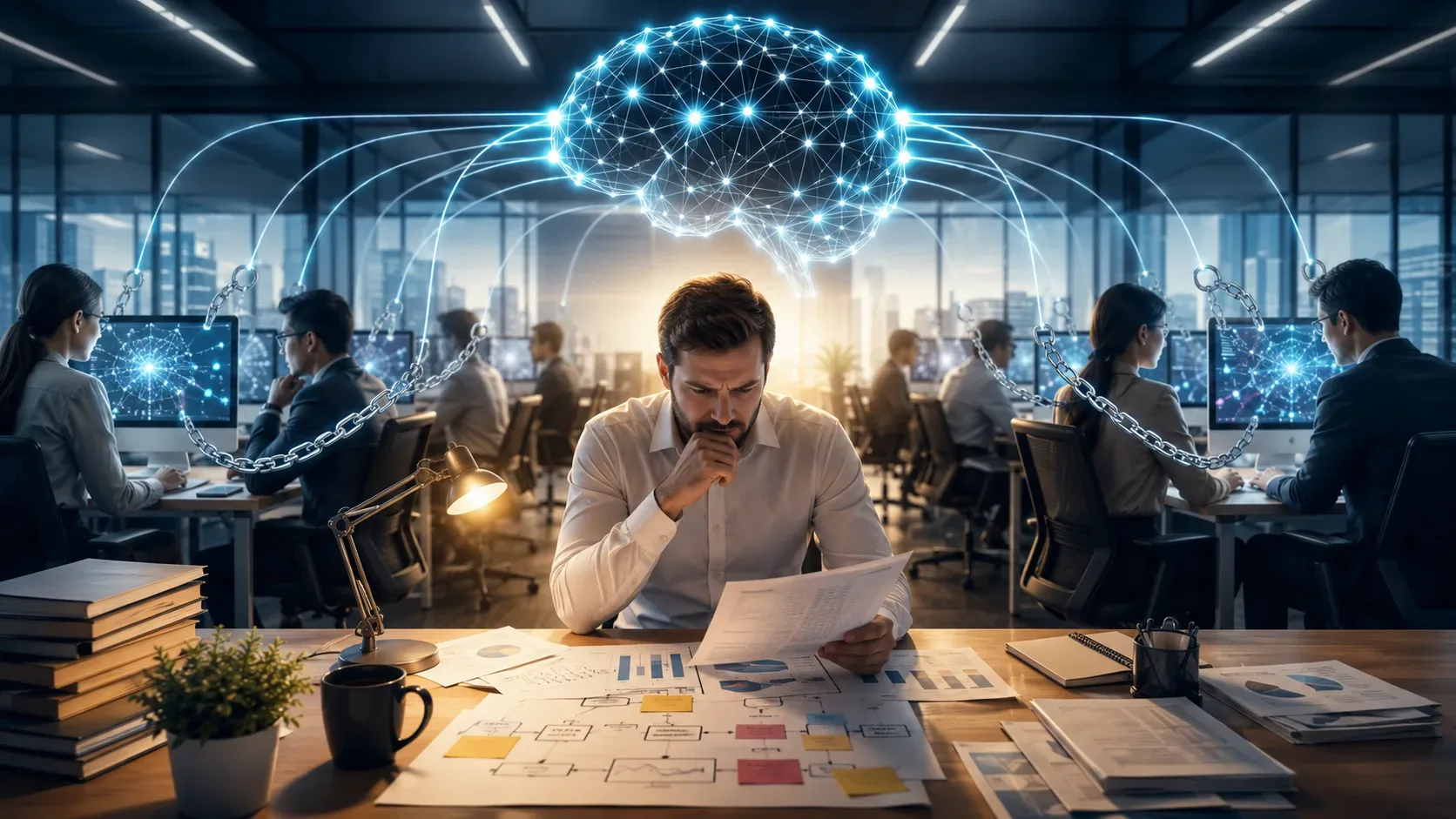 Profissional analisa documentos enquanto colegas aparecem conectados a um cérebro digital, simbolizando os riscos da dependência de IA na empresa.