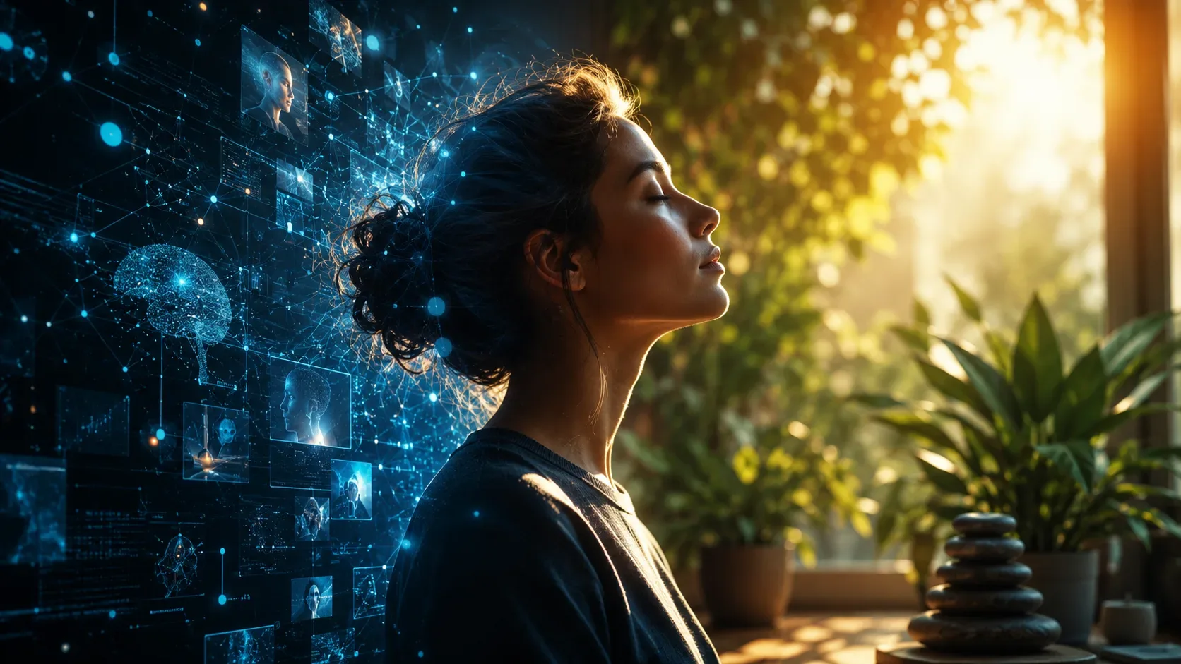Pessoa em momento de tranquilidade com os olhos fechados, posicionada entre dois ambientes contrastantes: de um lado, uma rede digital azul com conexões de inteligência artificial e dados representando a tecnologia; do outro, um espaço iluminado pela luz
