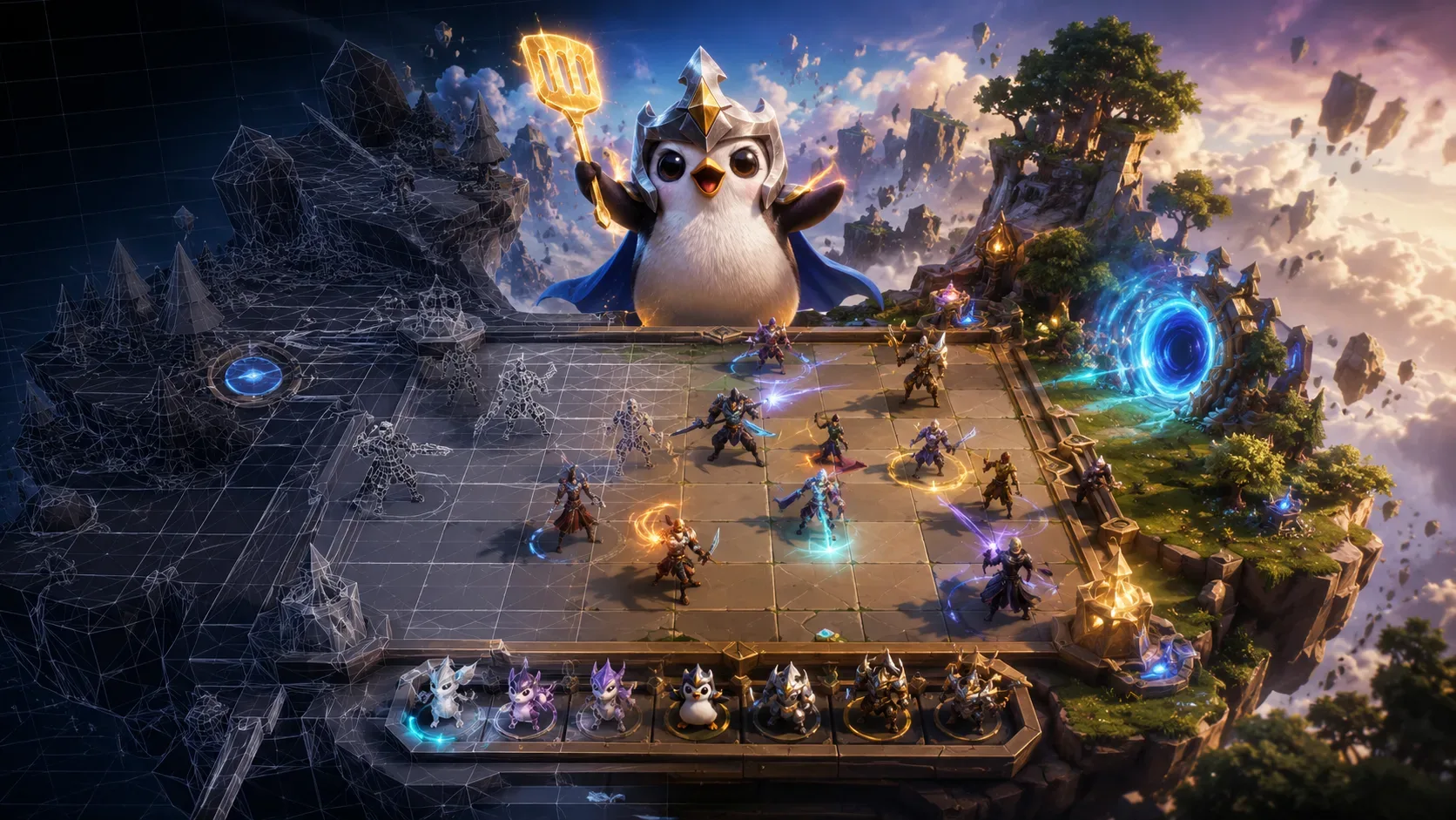 Arena flutuante de estratégia em um mundo de fantasia mostrando a evolução visual do jogo, com um lado em estilo de protótipo digital e outro com gráficos modernos, personagens em combate, efeitos mágicos e um mascote ao centro simbolizando o rework tecno