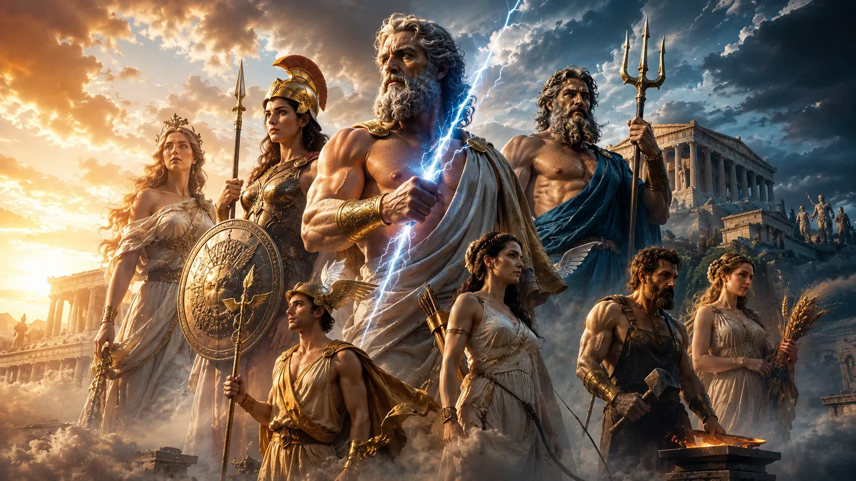 Representação épica dos deuses do Olimpo reunidos em um cenário celestial da Grécia Antiga, com Zeus em destaque segurando um raio, Poseidon com seu tridente, Atena usando armadura e escudo, além de outras divindades gregas diante de templos de mármore e
