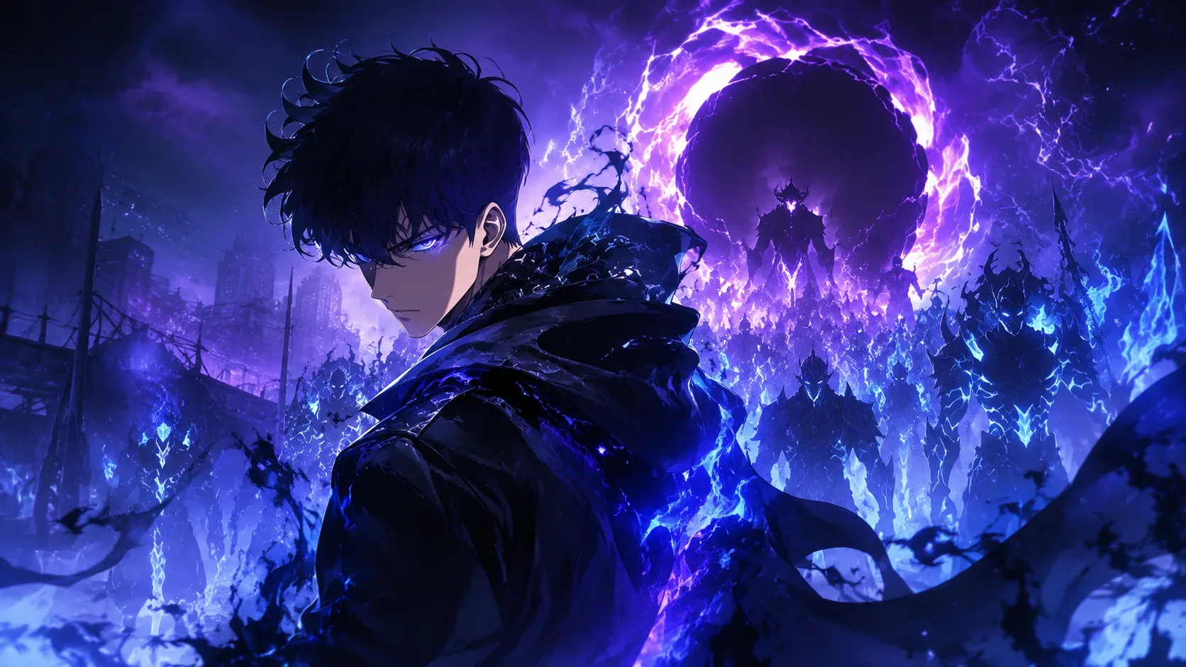 Guerreiro sombrio de aparência jovem em destaque em um campo de batalha destruído, envolvido por uma intensa aura azul e roxa de energia. Ao fundo, um grande portal dimensional brilhante se abre no céu enquanto um exército de criaturas das sombras surge e