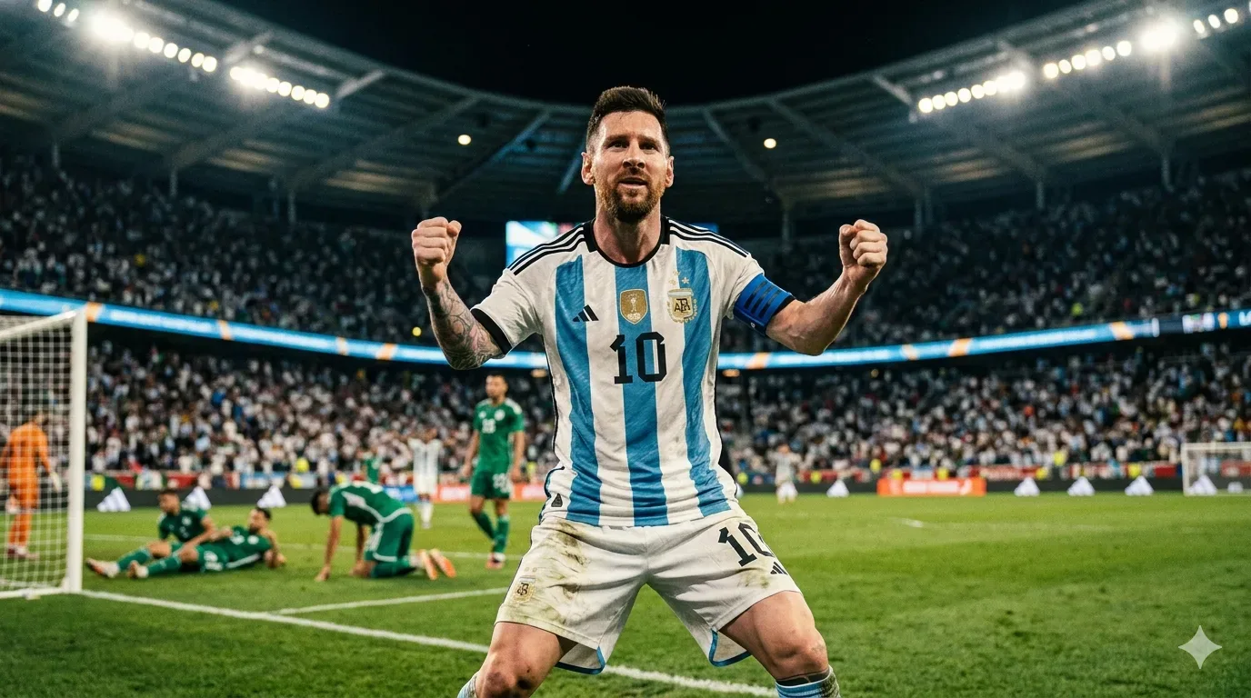 Uma fotografia editorial de alta resolução em proporção 16:9 captura Lionel Messi em primeiro plano, comemorando intensamente com os punhos cerrados e braços erguidos. Ele veste o uniforme oficial da seleção da Argentina (listras verticais celestes e bran