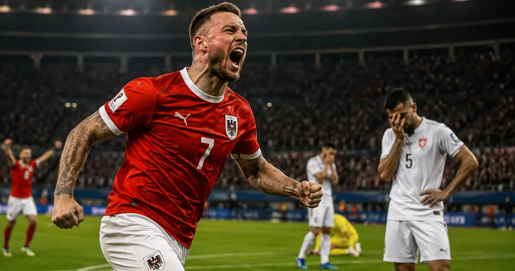 Marko Arnautović comemora intensamente a vitória da Áustria sobre a Jordânia em um estádio lotado durante uma partida da Copa do Mundo, enquanto jogadores jordanianos aparecem abatidos ao fundo sob iluminação noturna cinematográfica.