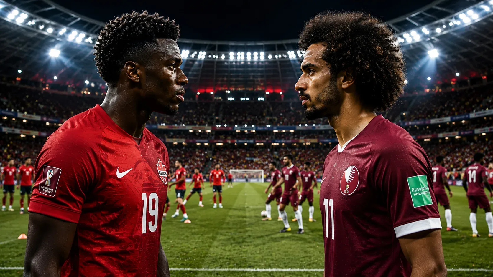 Jogadores do Canadá e do Catar se encaram com expressão de concentração em primeiro plano antes do início da partida, enquanto suas equipes realizam o aquecimento ao fundo em um estádio lotado sob forte iluminação dos refletores, criando uma atmosfera cin