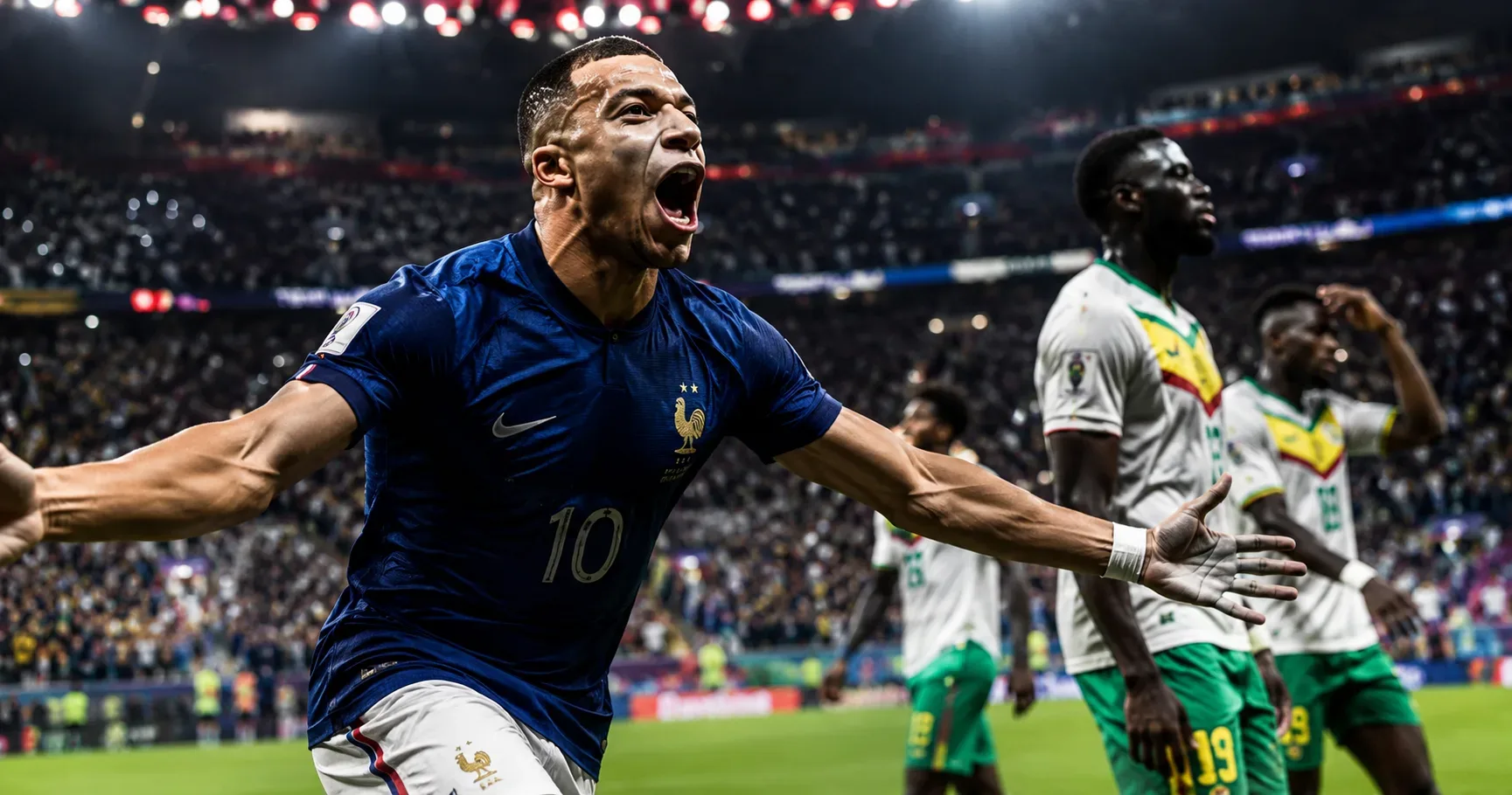 Kylian Mbappé comemora um gol pela França durante a partida contra Senegal na Copa do Mundo de 2026, com o estádio lotado ao fundo e jogadores senegaleses em segundo plano, em uma cena de alta intensidade e atmosfera cinematográfica.
