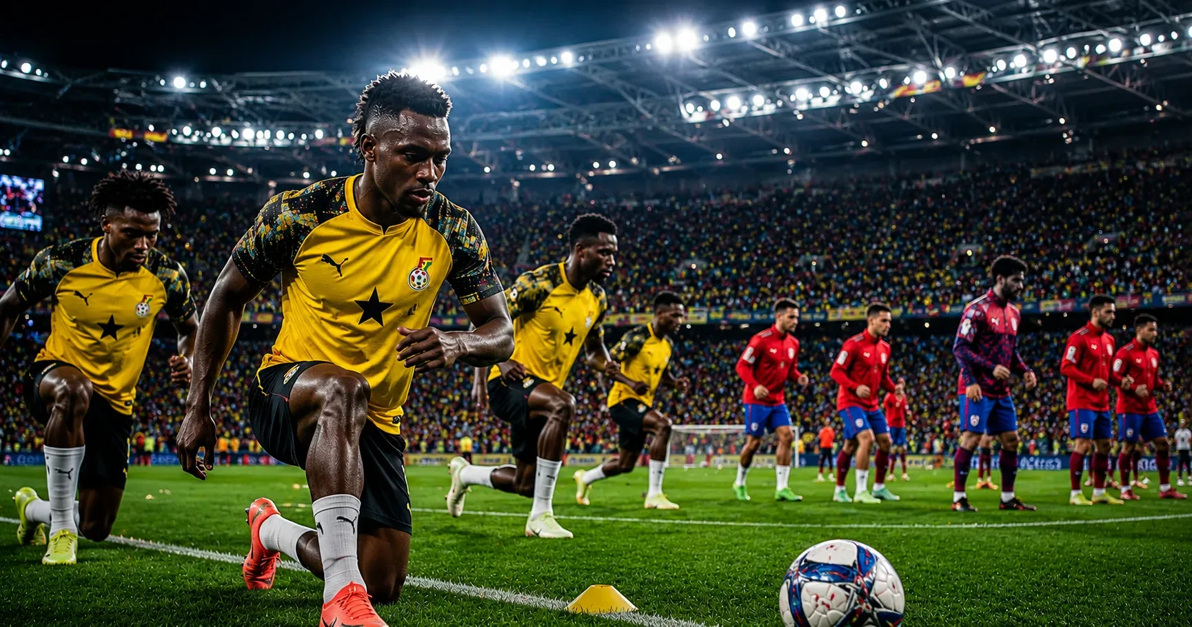 Jogadores da seleção de Gana realizando um aquecimento intenso em primeiro plano antes de uma partida da Copa do Mundo, demonstrando velocidade, concentração e preparação física. Ao fundo, atletas do Panamá aparecem organizados no gramado enquanto um está