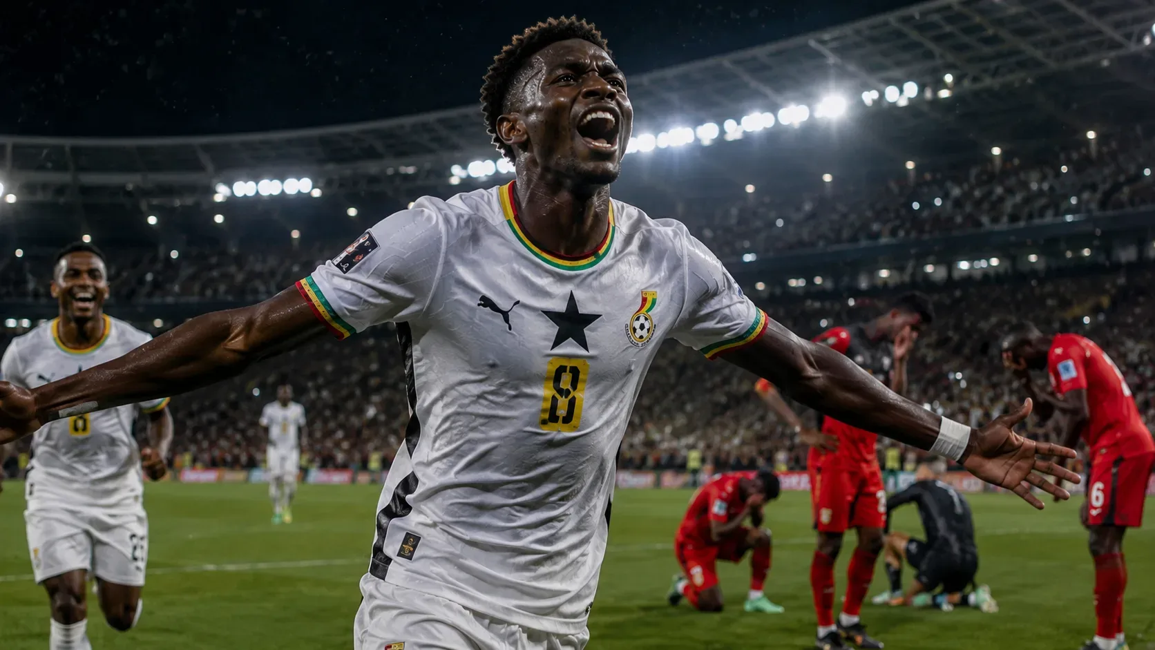 Jogador da seleção de Gana comemora de forma intensa o gol da vitória em primeiro plano, com os braços abertos e expressão de emoção, enquanto jogadores do Panamá demonstram frustração ao fundo em um estádio lotado sob iluminação noturna cinematográfica e