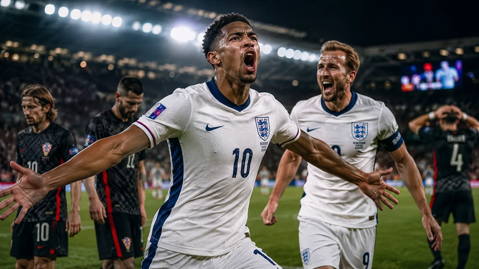 Jogadores da Inglaterra comemoram uma grande vitória em uma partida de futebol internacional, com destaque para um atleta celebrando intensamente em primeiro plano, enquanto jogadores da Croácia demonstram frustração ao fundo em um estádio lotado sob ilum