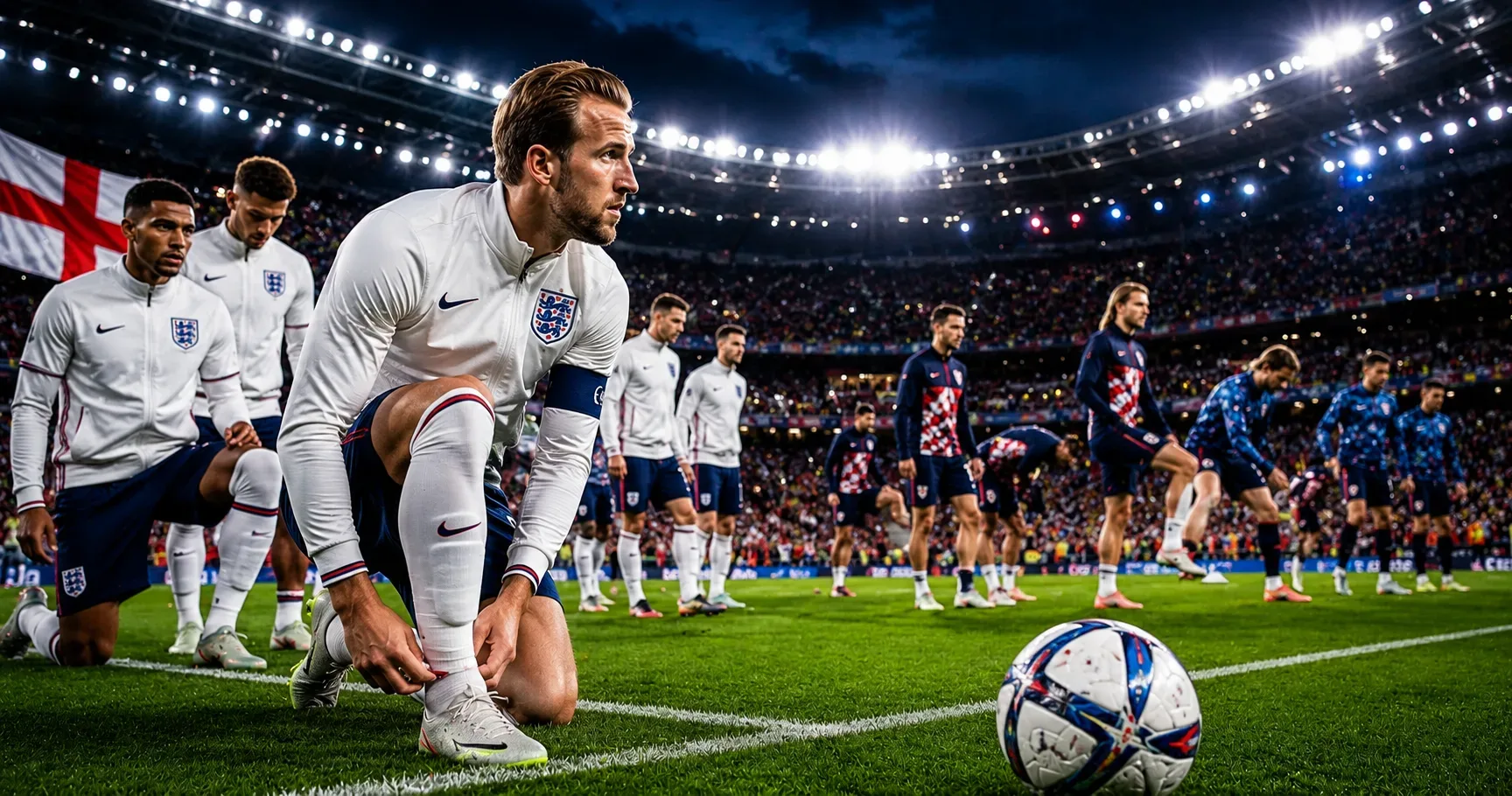 Jogadores da seleção da Inglaterra realizando os últimos ajustes durante o aquecimento antes de uma partida da Copa do Mundo, com atletas da Croácia ao fundo em preparação no gramado. O estádio aparece completamente lotado sob uma iluminação noturna dramá
