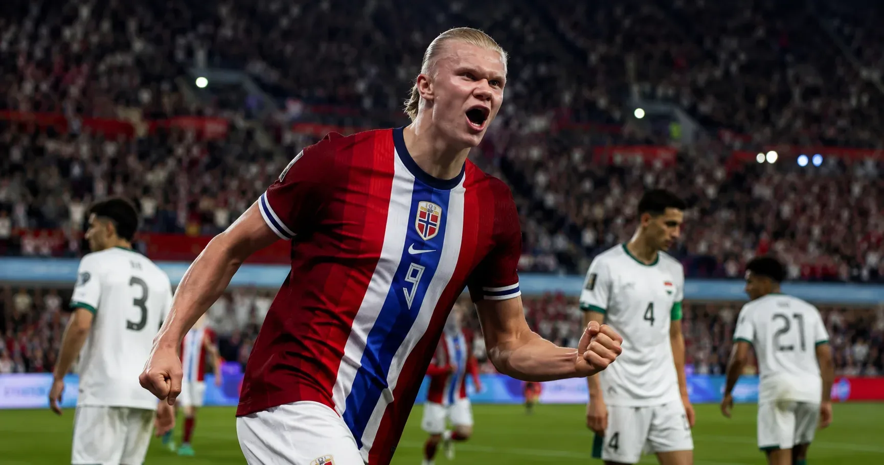 Erling Haaland comemora um gol pela seleção da Noruega em partida contra o Iraque na Copa do Mundo 2026, com jogadores adversários ao fundo e estádio lotado sob iluminação cinematográfica.