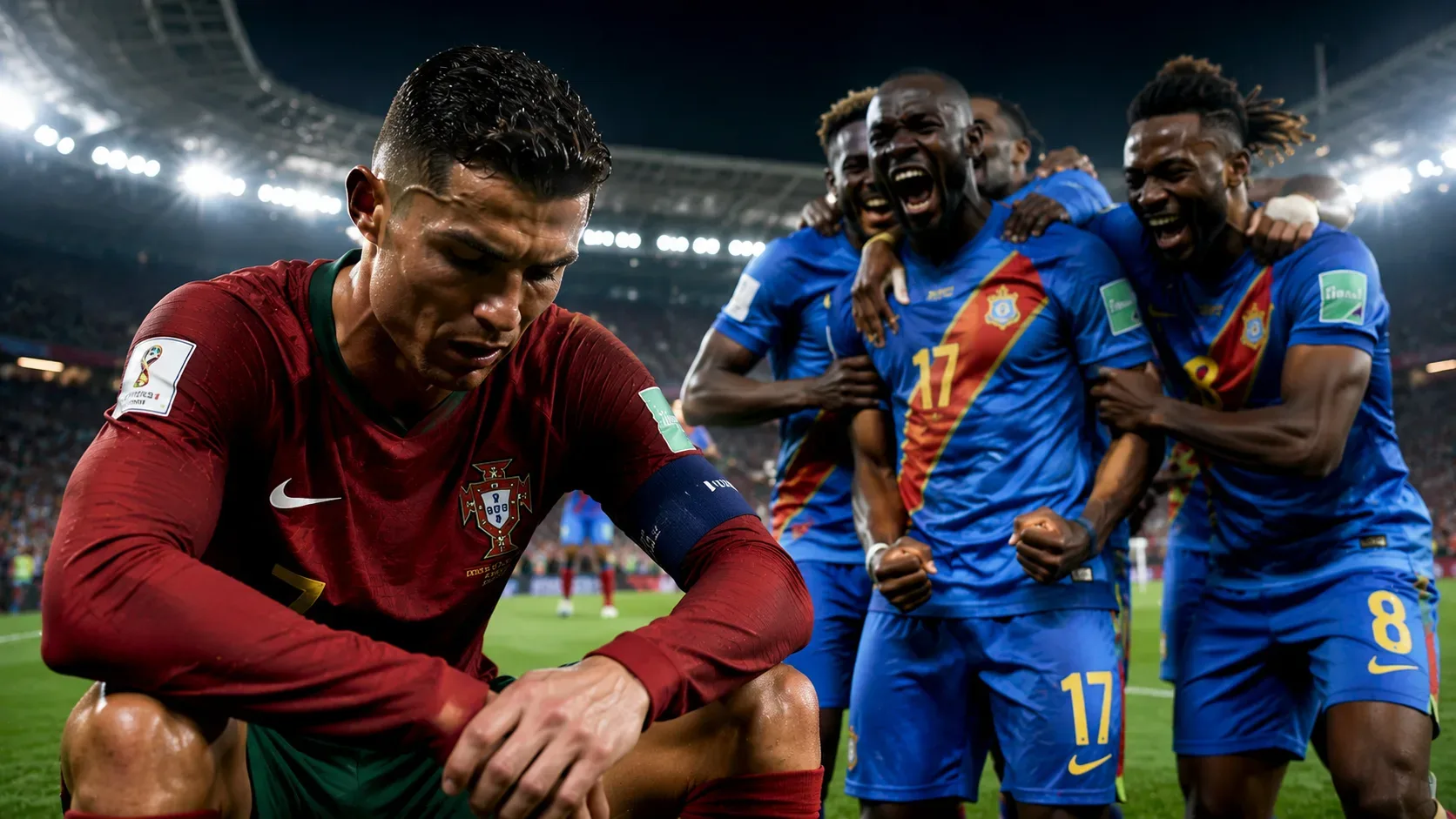 Jogador da seleção portuguesa em primeiro plano com expressão de decepção após o empate, ajoelhado no gramado sob os fortes refletores de um estádio lotado. Ao fundo, jogadores da República Democrática do Congo comemoram intensamente o resultado histórico