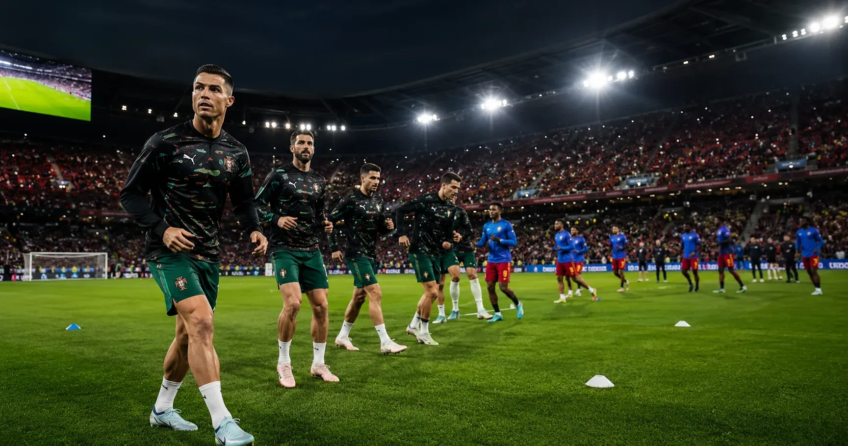 Jogadores da seleção de Portugal realizando aquecimento em campo antes de uma partida internacional, com atletas da RD Congo ao fundo, estádio lotado sob iluminação noturna intensa, gramado detalhado e atmosfera cinematográfica de Copa do Mundo.
