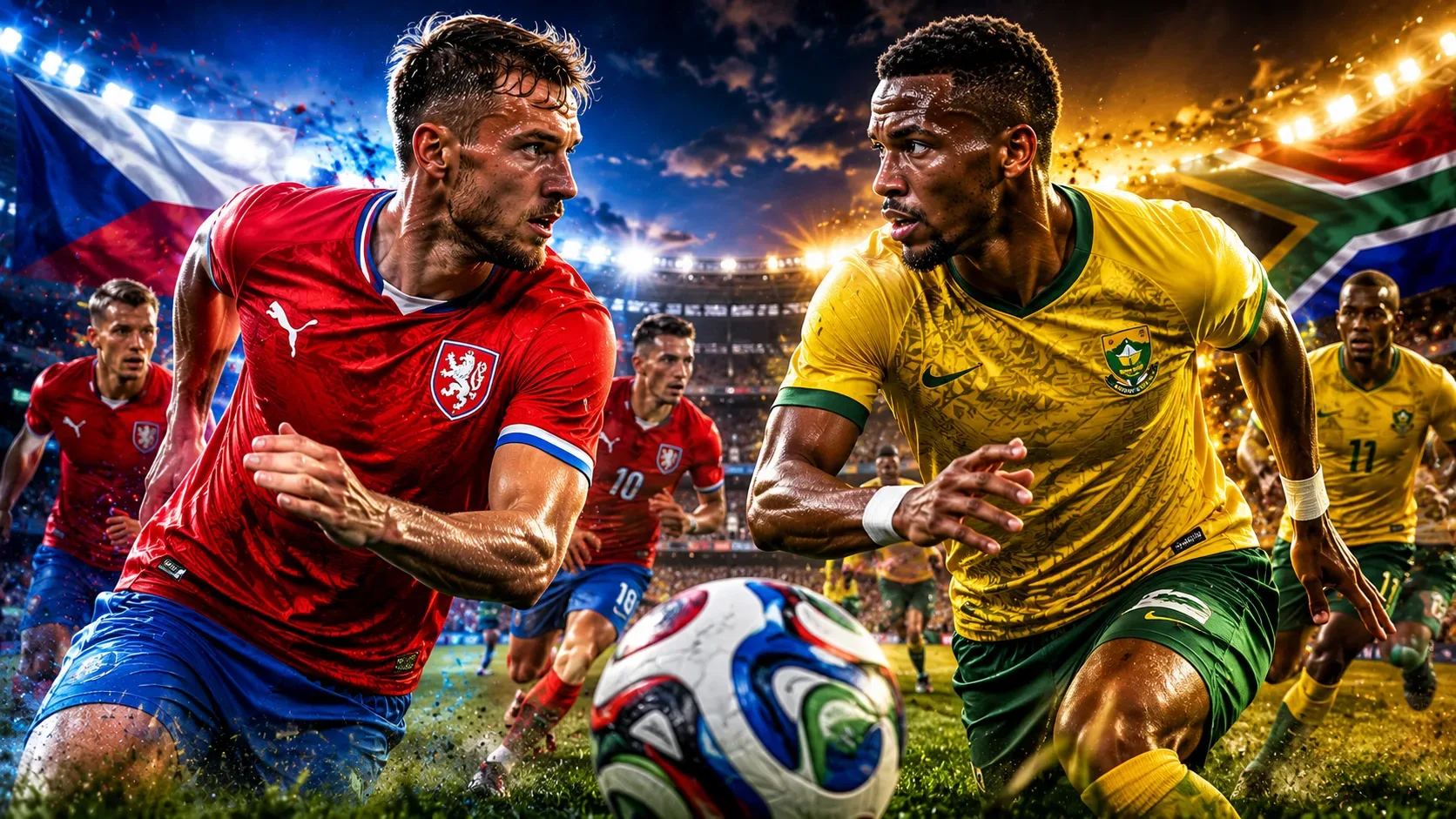 Jogadores da Tchéquia e da África do Sul se encaram com expressão de concentração antes do início da partida, em primeiro plano no gramado de um estádio lotado sob intensa iluminação noturna, enquanto companheiros realizam o aquecimento ao fundo, criando