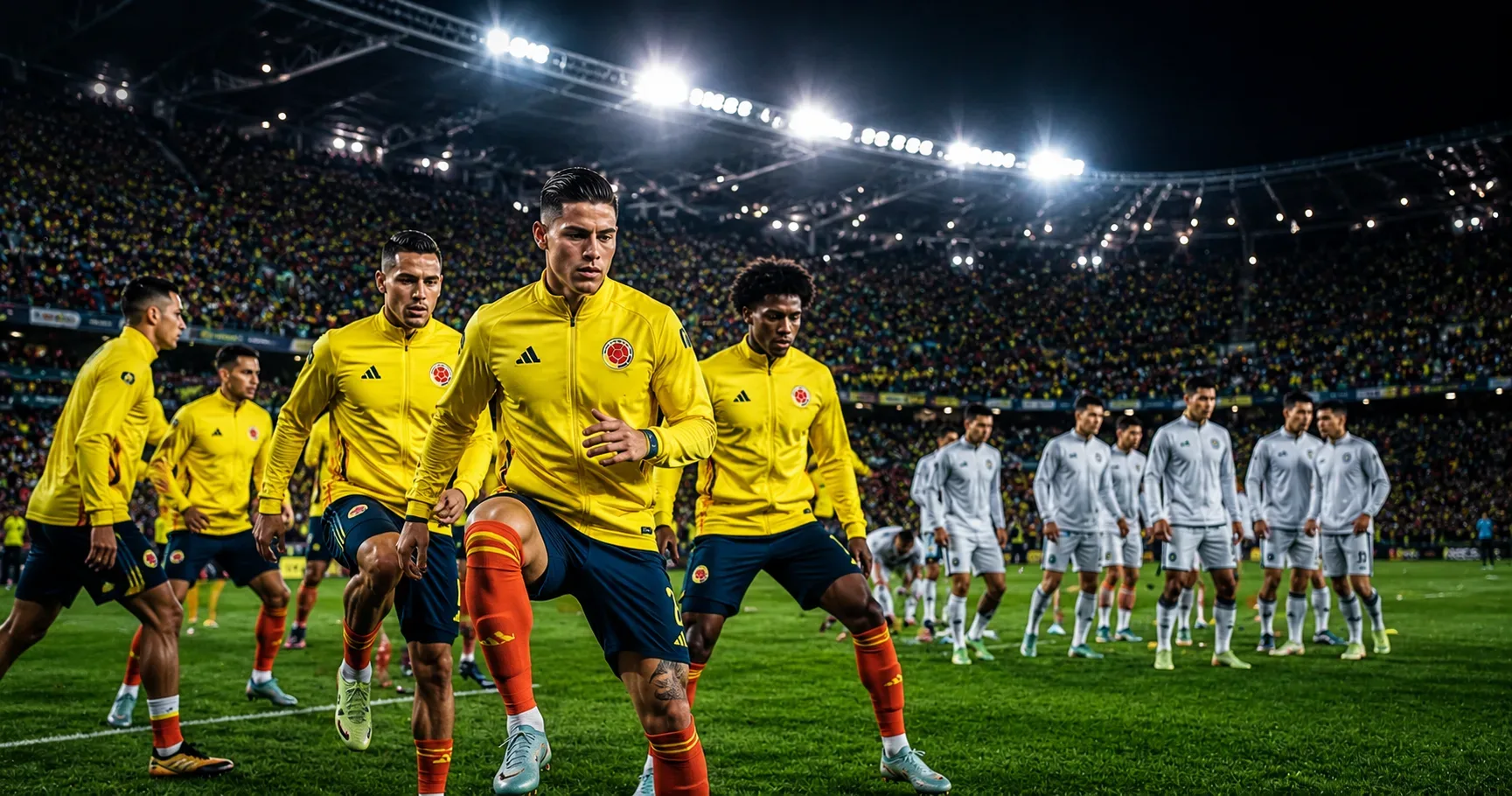 ogadores da seleção da Colômbia realizando aquecimento em primeiro plano antes de uma partida da Copa do Mundo, com atletas do Uzbequistão concentrados ao fundo. O estádio aparece completamente lotado sob fortes refletores noturnos, com gramado detalhado,