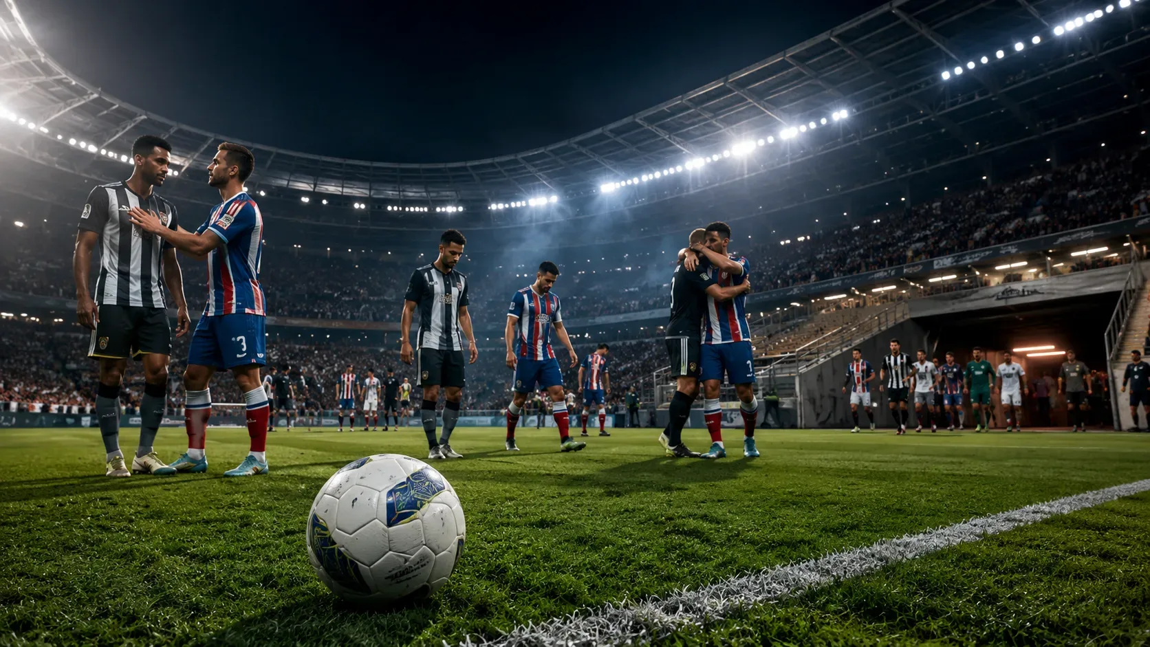 Bola no gramado em estádio lotado, com jogadores se cumprimentando após partida que marca o retorno do Campeonato Brasileiro.