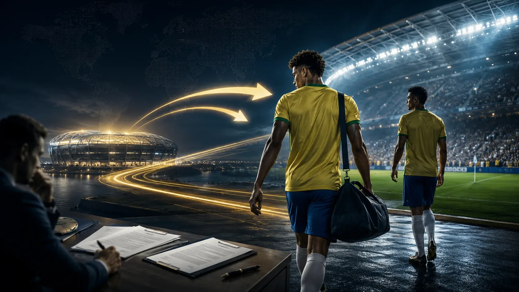 Jogadores brasileiros caminham rumo a estádios europeus, com contratos e setas luminosas simbolizando negociações no mercado da bola.