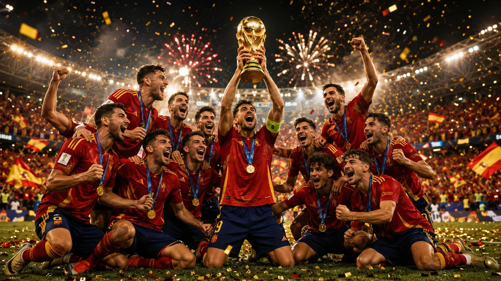 Jogadores da Espanha comemoram o título mundial em um estádio, erguendo o troféu entre confetes, fogos de artifício e a torcida.