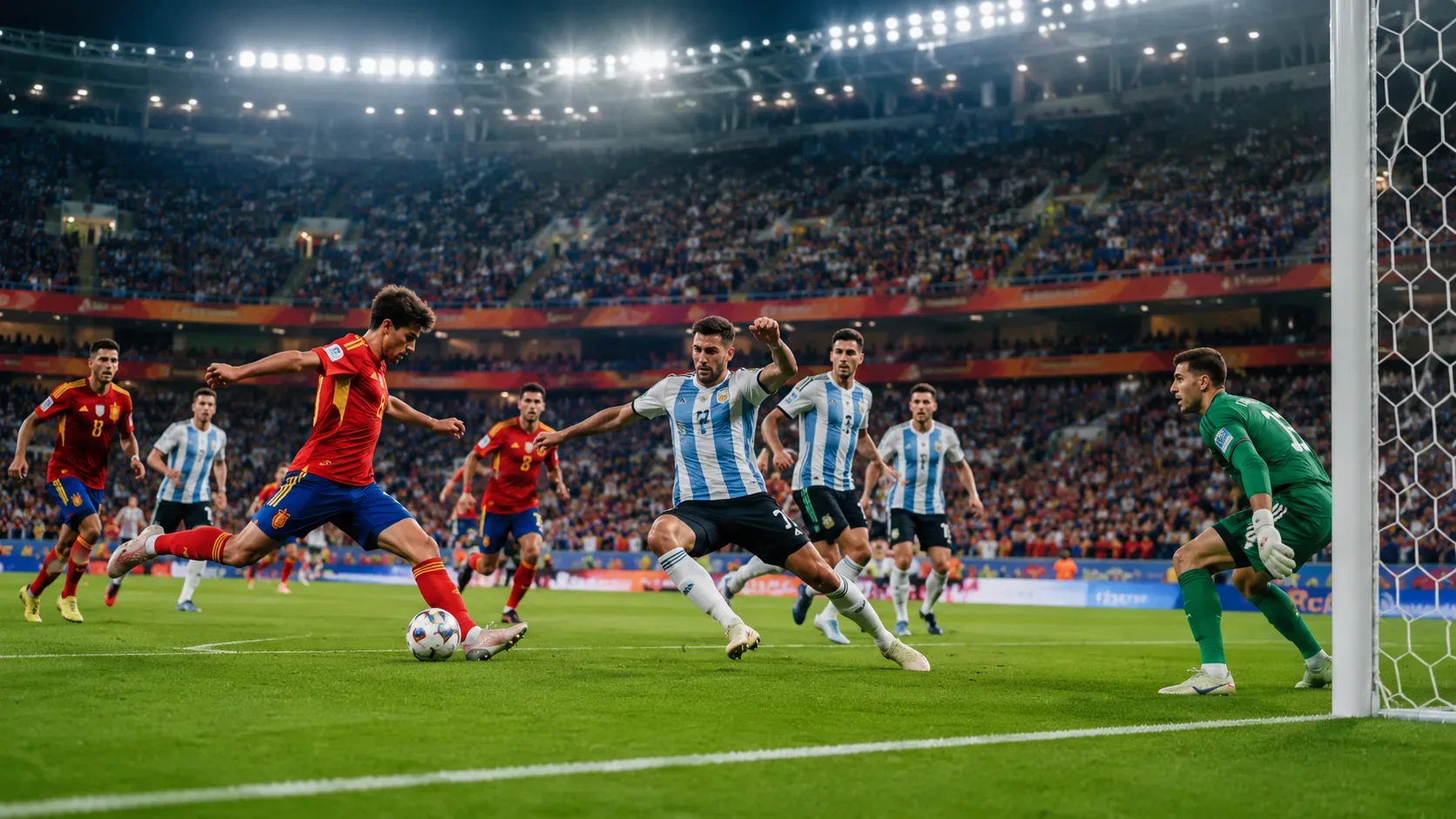Jogador da Espanha finaliza dentro da área enquanto defensores argentinos tentam bloquear e o goleiro protege a meta em estádio lotado.