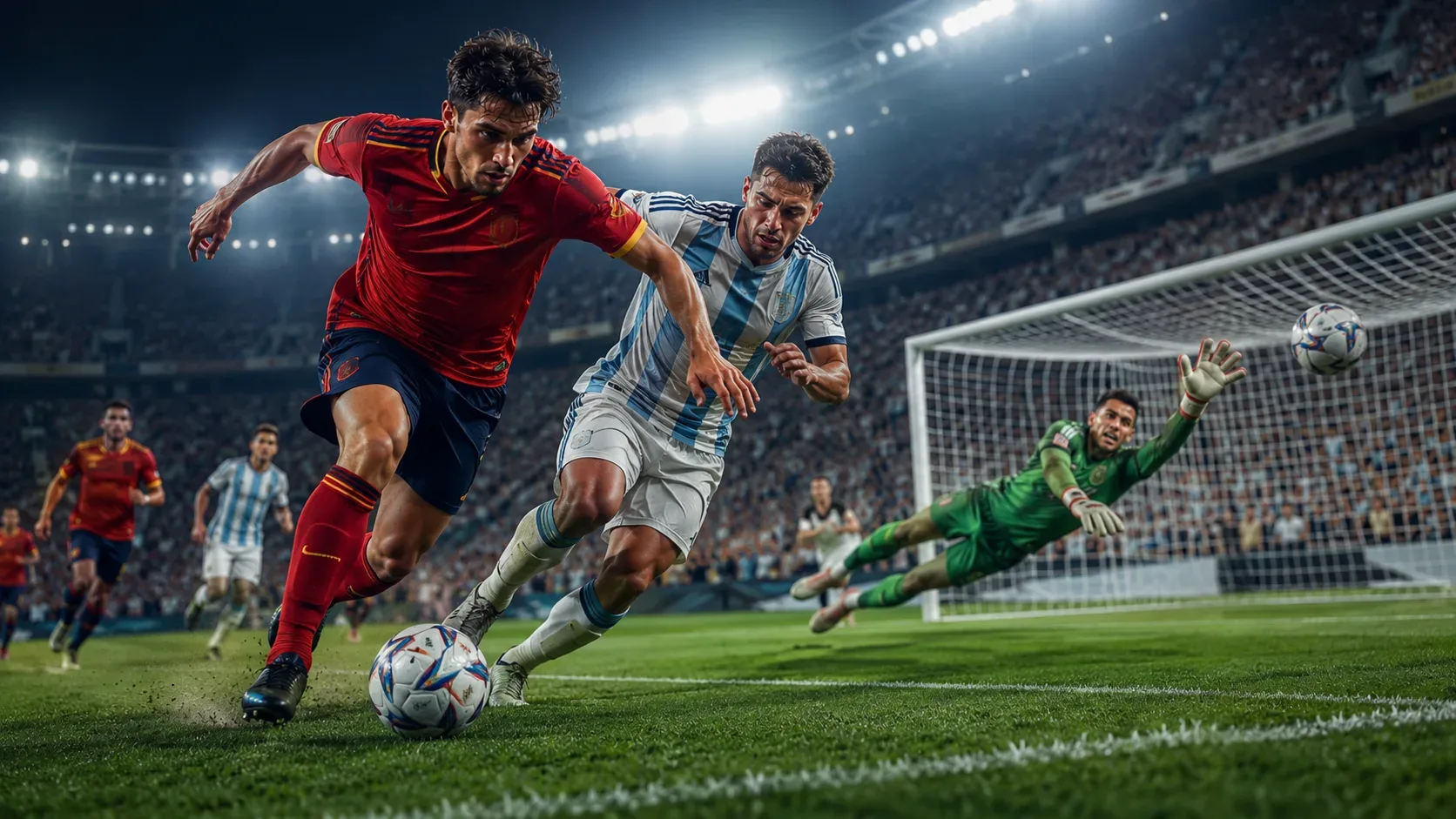 Jogadores com uniformes inspirados em Espanha e Argentina disputam a bola, enquanto o goleiro se lança para defender em uma final de Copa do Mundo.