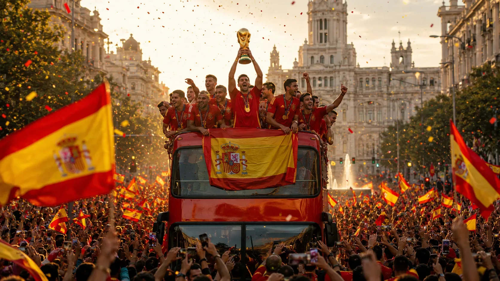 Jogadores da Espanha celebram o título mundial em ônibus aberto, cercados por uma multidão com bandeiras e confetes nas ruas de Madri.