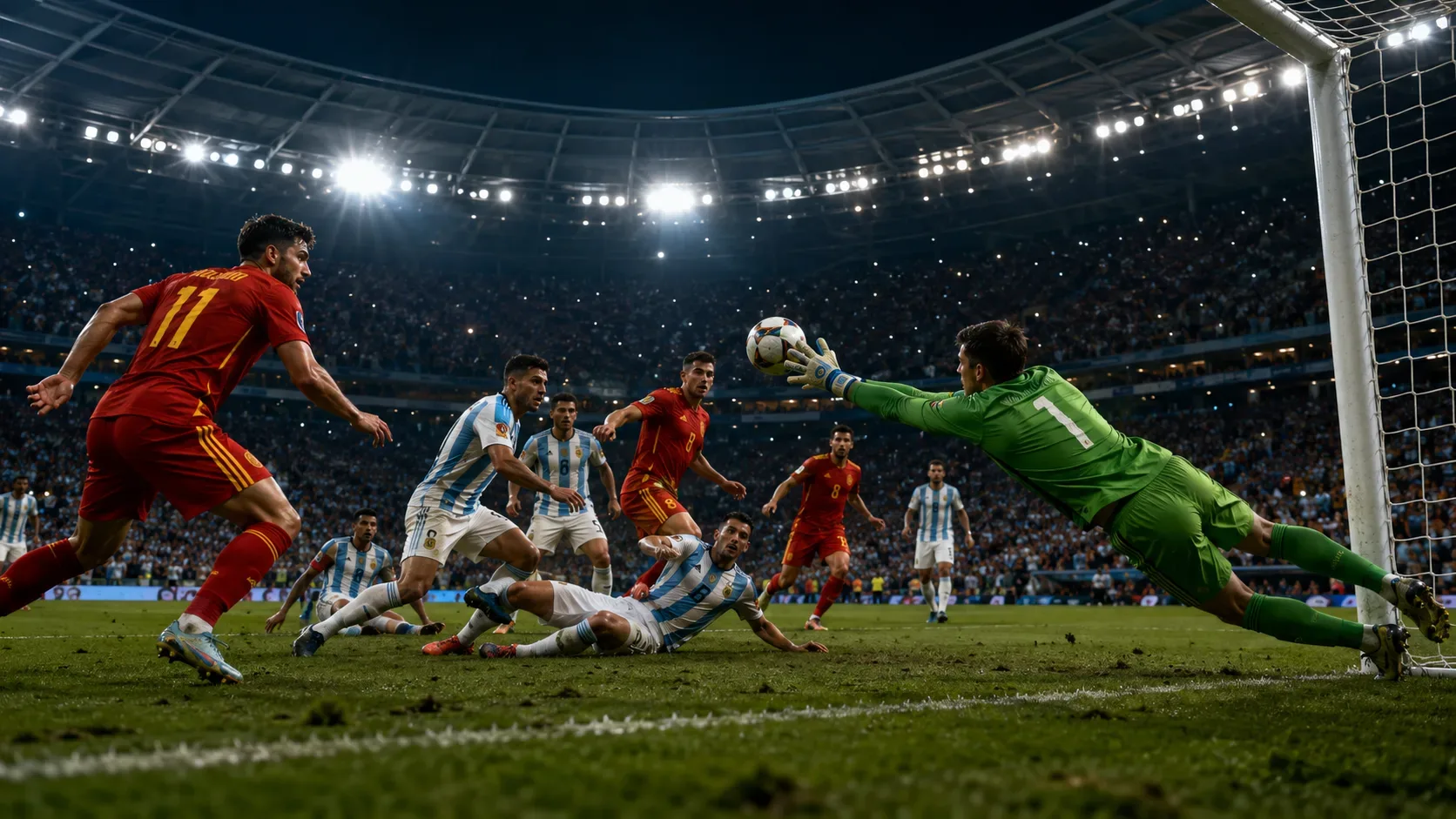 Jogadores disputam a bola na área enquanto o goleiro faz uma defesa decisiva durante a prorrogação da final da Copa do Mundo.