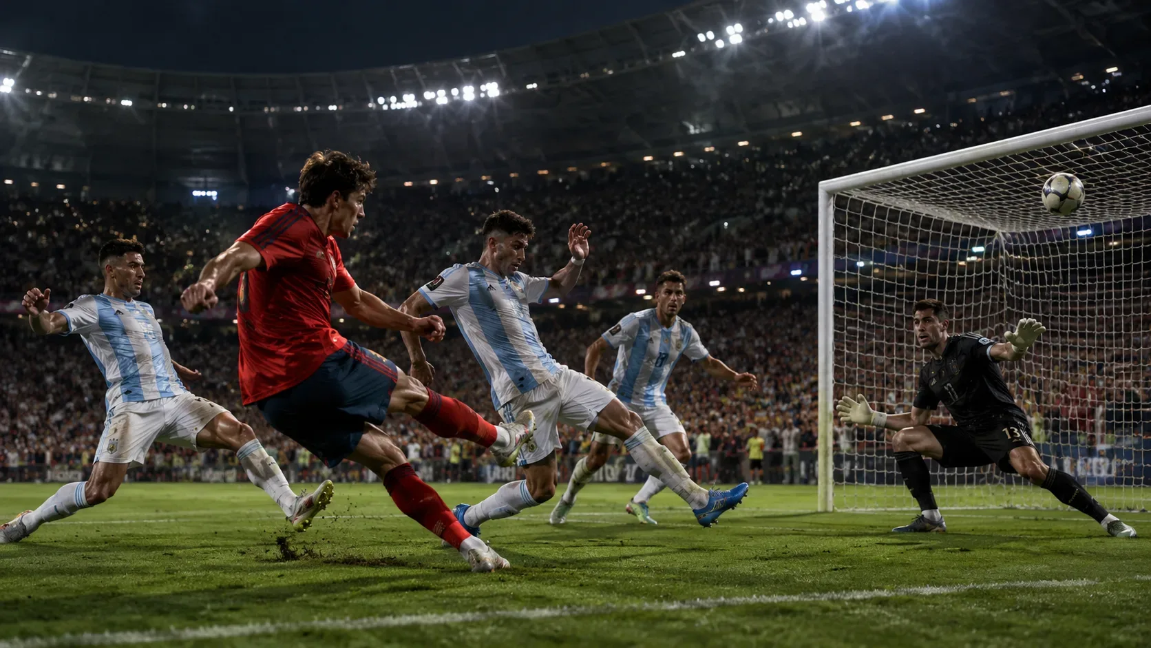 Jogador espanhol finaliza dentro da área e marca contra a Argentina em estádio lotado durante a prorrogação da final da Copa.