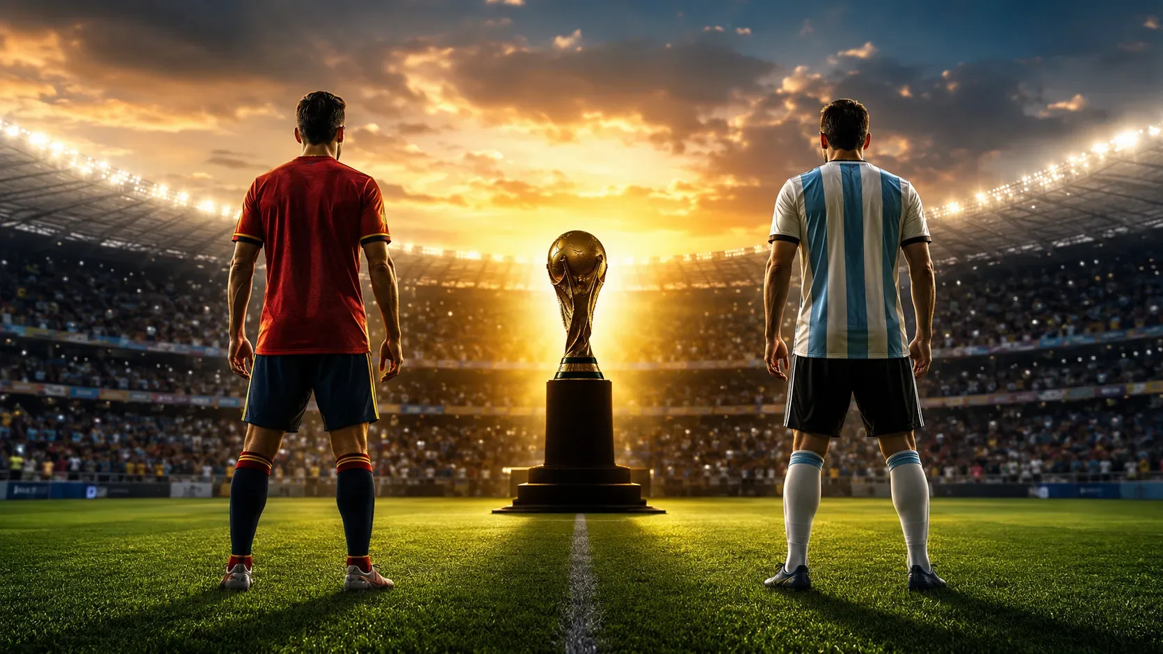 Dois jogadores, representando Espanha e Argentina, observam a taça no centro de um estádio iluminado antes da final da Copa do Mundo.
