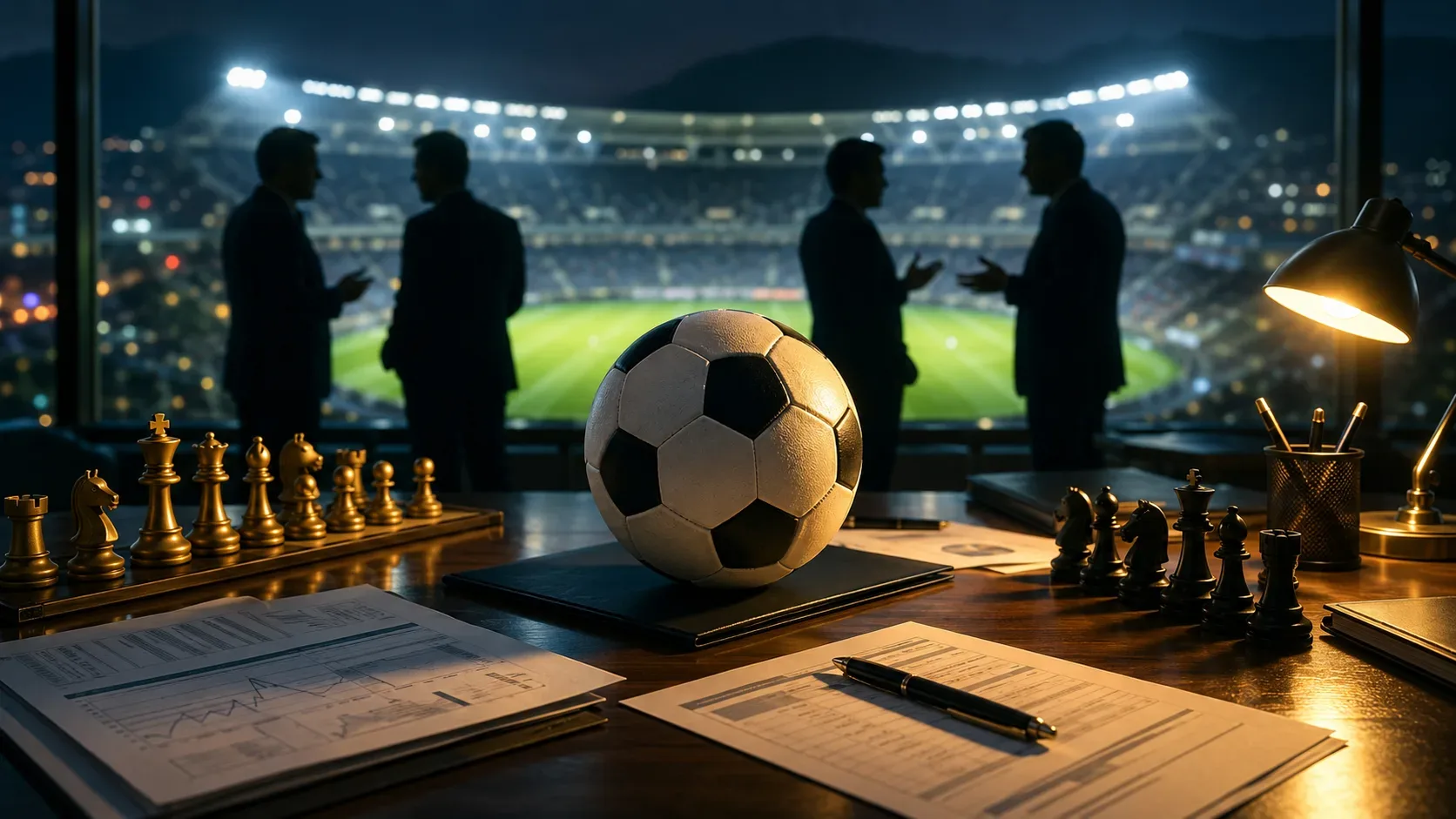 Bola de futebol sobre mesa com documentos e peças de xadrez, enquanto dirigentes negociam diante de um estádio iluminado.