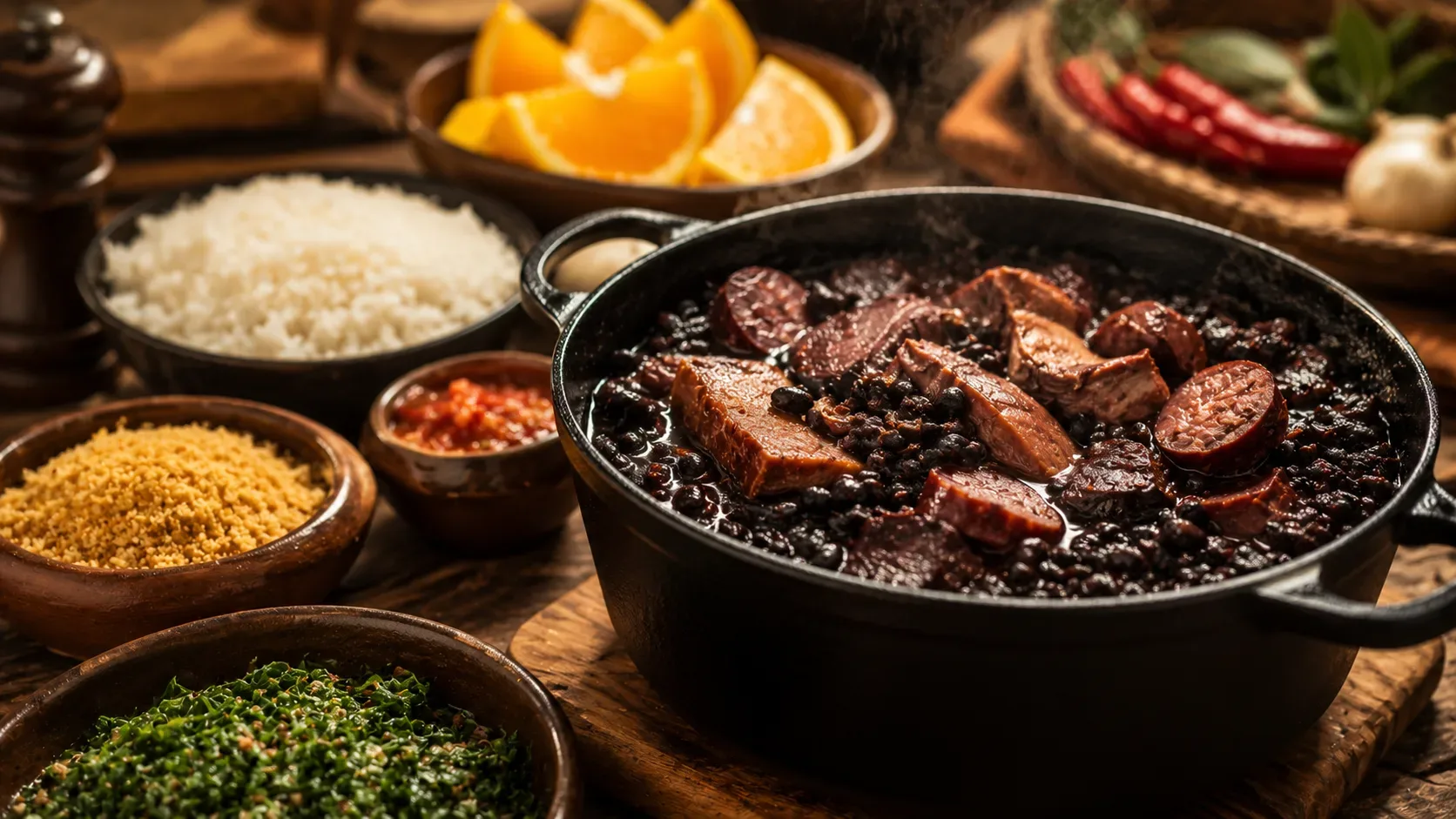 Panela de ferro com uma feijoada brasileira fumegante em destaque sobre uma mesa rústica, cercada por acompanhamentos tradicionais como arroz branco, couve refogada, farofa dourada, fatias de laranja e molho de pimenta. Ao fundo, uma cozinha acolhedora ap