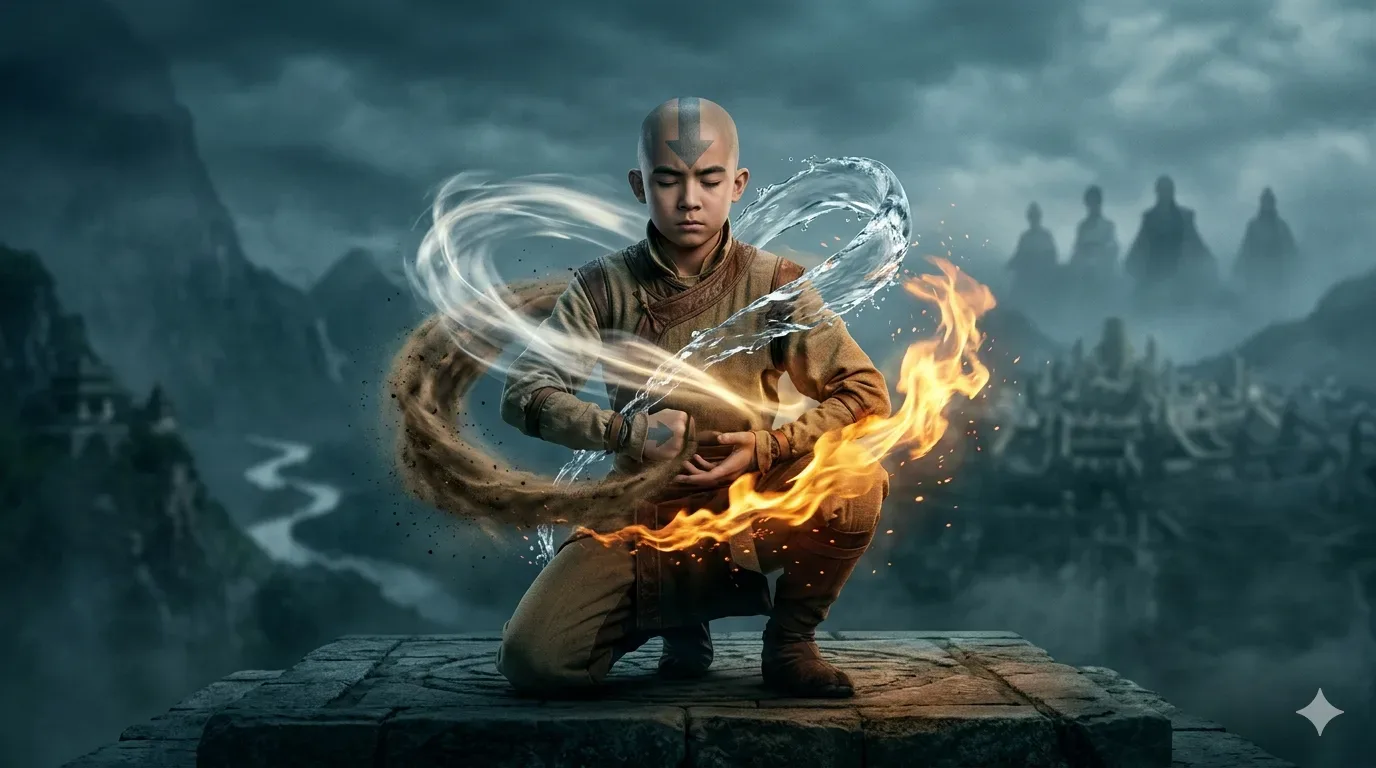 Uma capa de revista de estilo editorial premium, na proporção 16:9, apresentando o personagem Aang em live-action com uma aparência realista e cinematográfica. Ele está centralizado e agachado em posição de meditação sobre uma antiga plataforma de pedra.