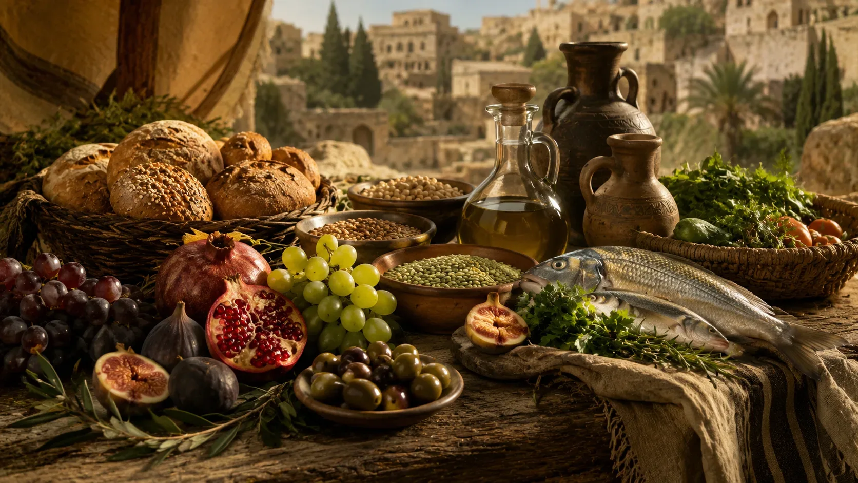 Mesa rústica repleta de alimentos associados à alimentação bíblica, incluindo pães artesanais, uvas, romãs, figos, azeitonas, grãos, ervas frescas, azeite em jarros antigos e peixes, iluminada por uma luz dourada natural. Ao fundo, uma paisagem de arquite